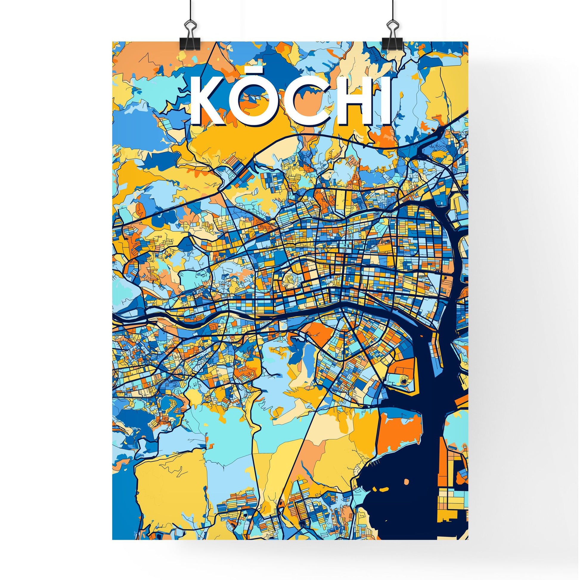 KŌCHI JAPAN Vibrant Colorful Art Map Poster Blue Orange