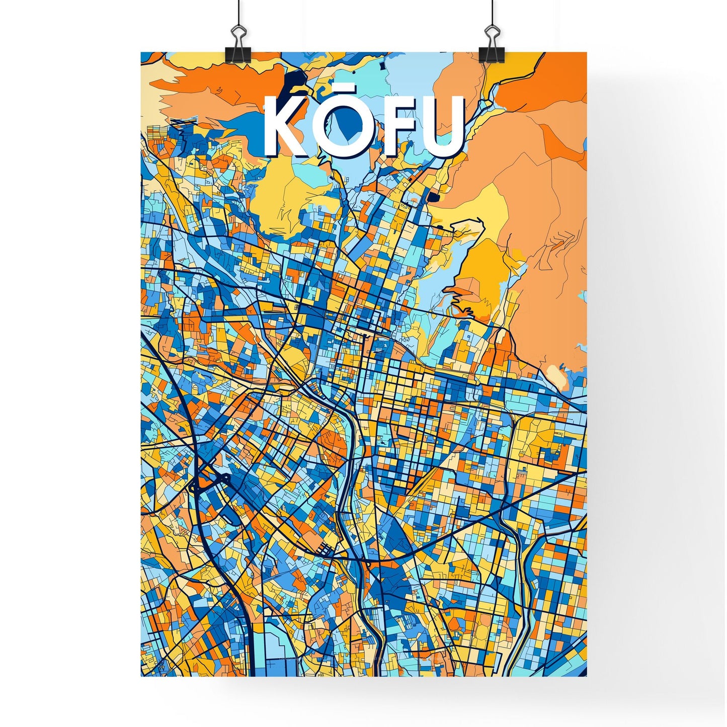 KŌFU JAPAN Vibrant Colorful Art Map Poster Blue Orange