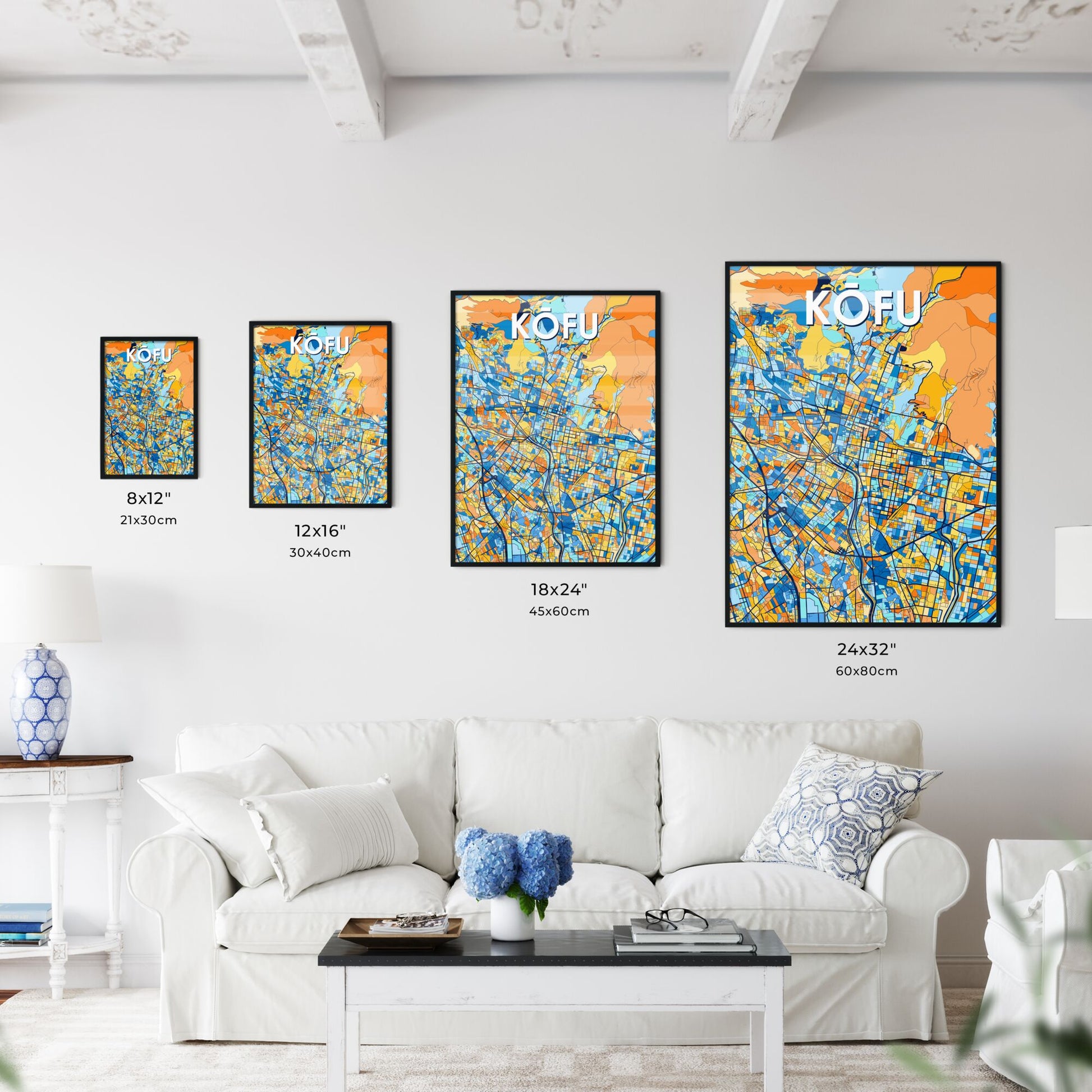 KŌFU JAPAN Vibrant Colorful Art Map Poster Blue Orange