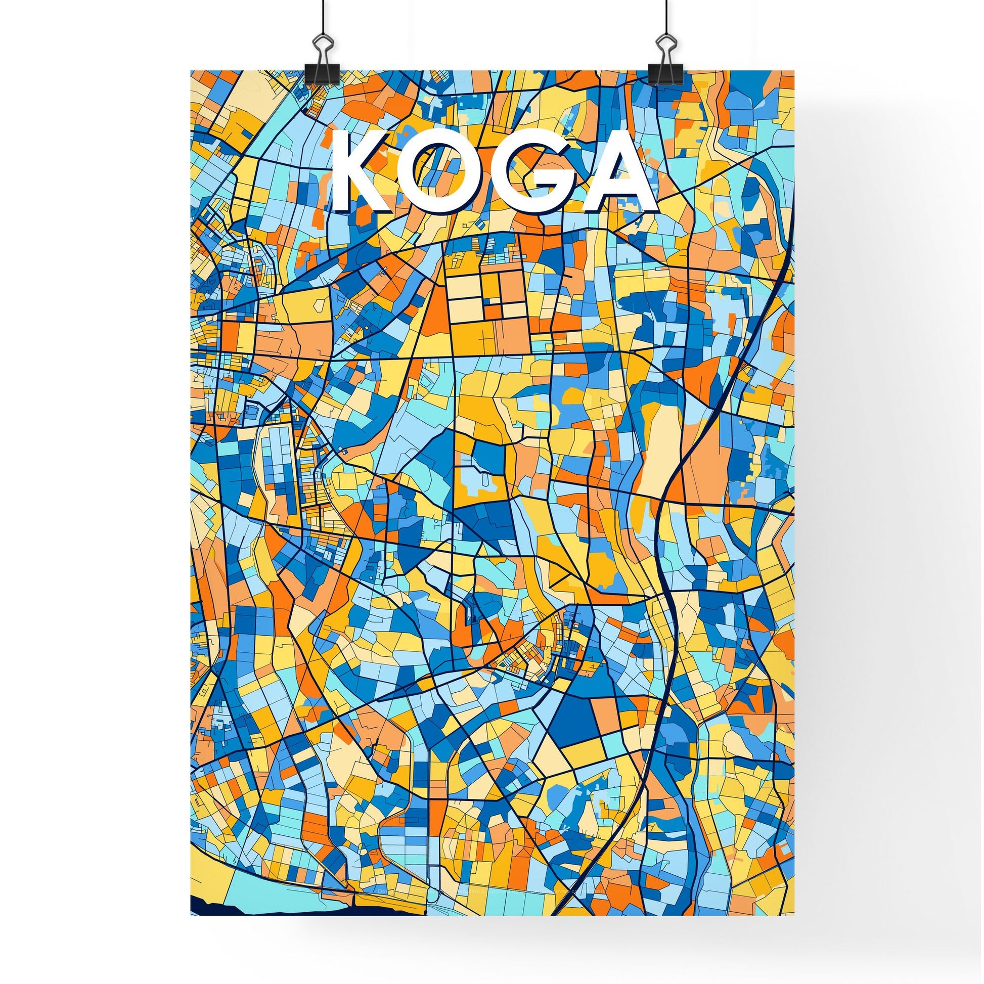 KOGA JAPAN Vibrant Colorful Art Map Poster Blue Orange