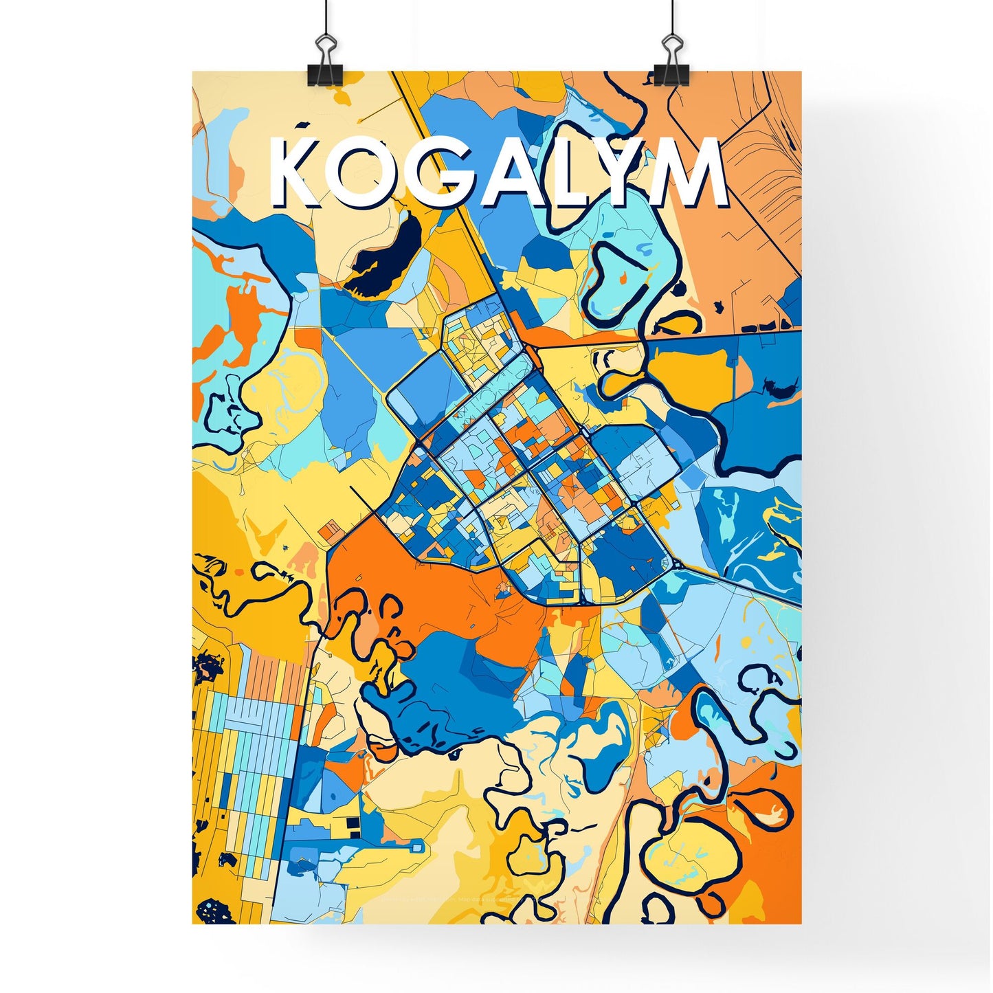 KOGALYM RUSSIA Vibrant Colorful Art Map Poster Blue Orange