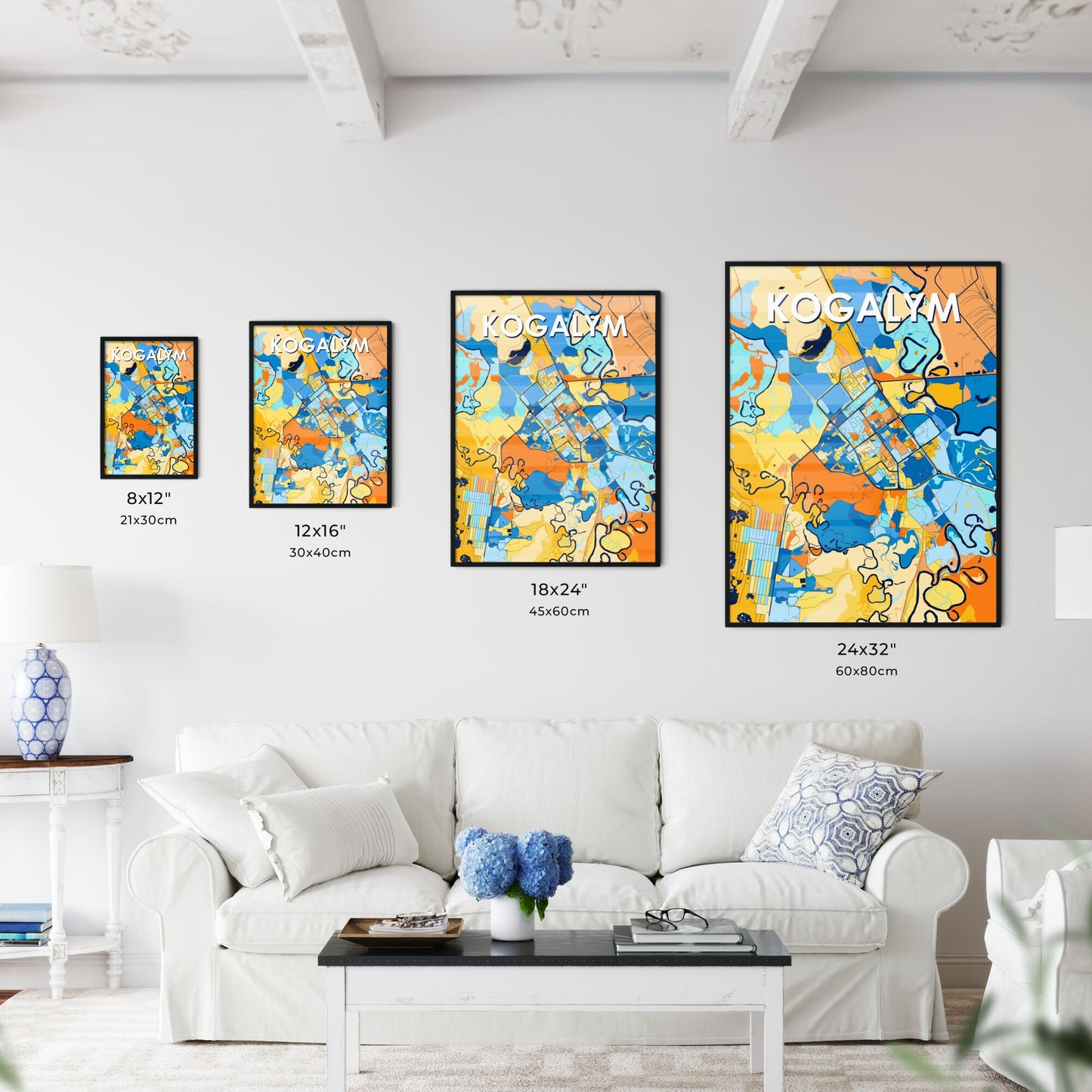 KOGALYM RUSSIA Vibrant Colorful Art Map Poster Blue Orange