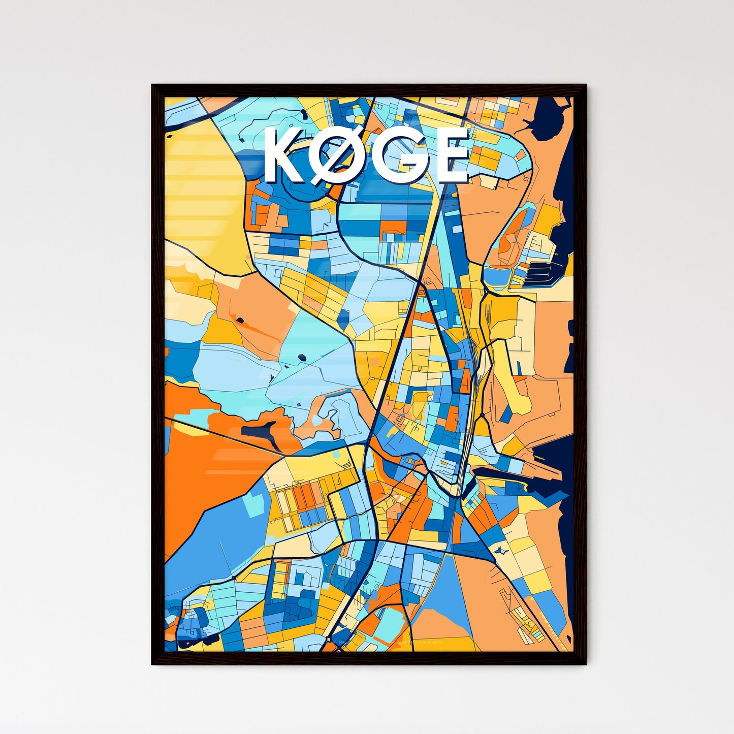 KØGE DENMARK Vibrant Colorful Art Map Poster Blue Orange