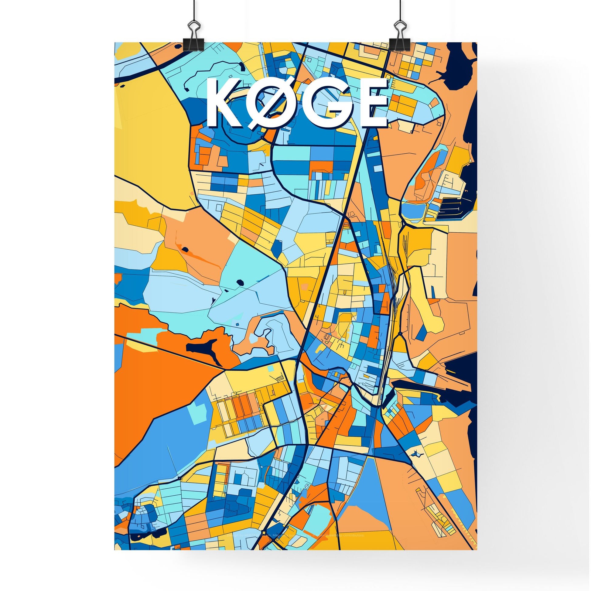 KØGE DENMARK Vibrant Colorful Art Map Poster Blue Orange