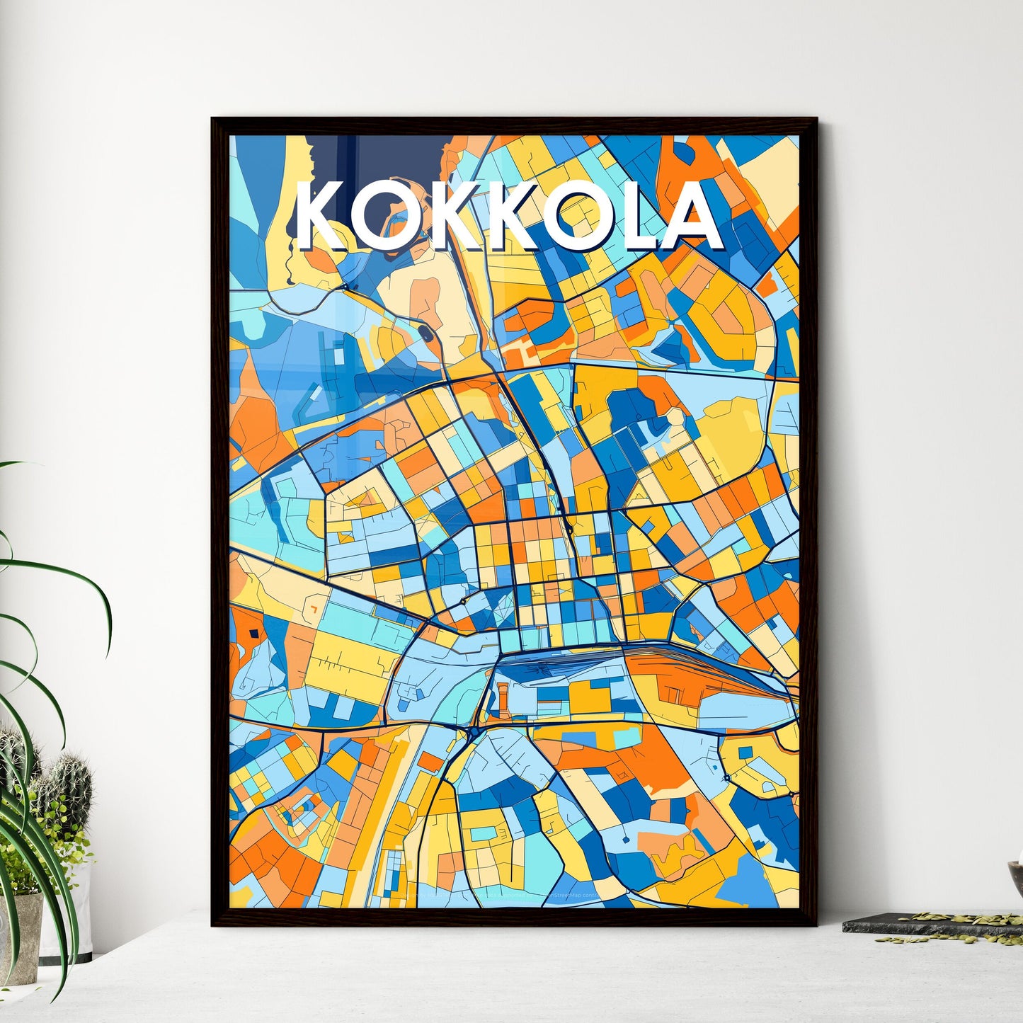 KOKKOLA FINLAND Vibrant Colorful Art Map Poster Blue Orange