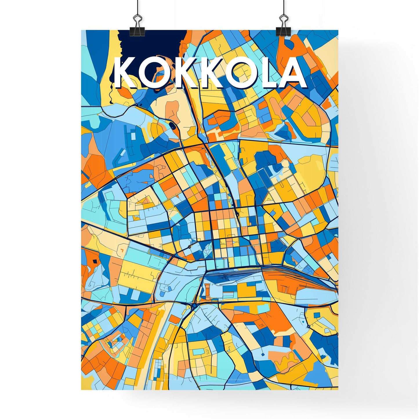 KOKKOLA FINLAND Vibrant Colorful Art Map Poster Blue Orange