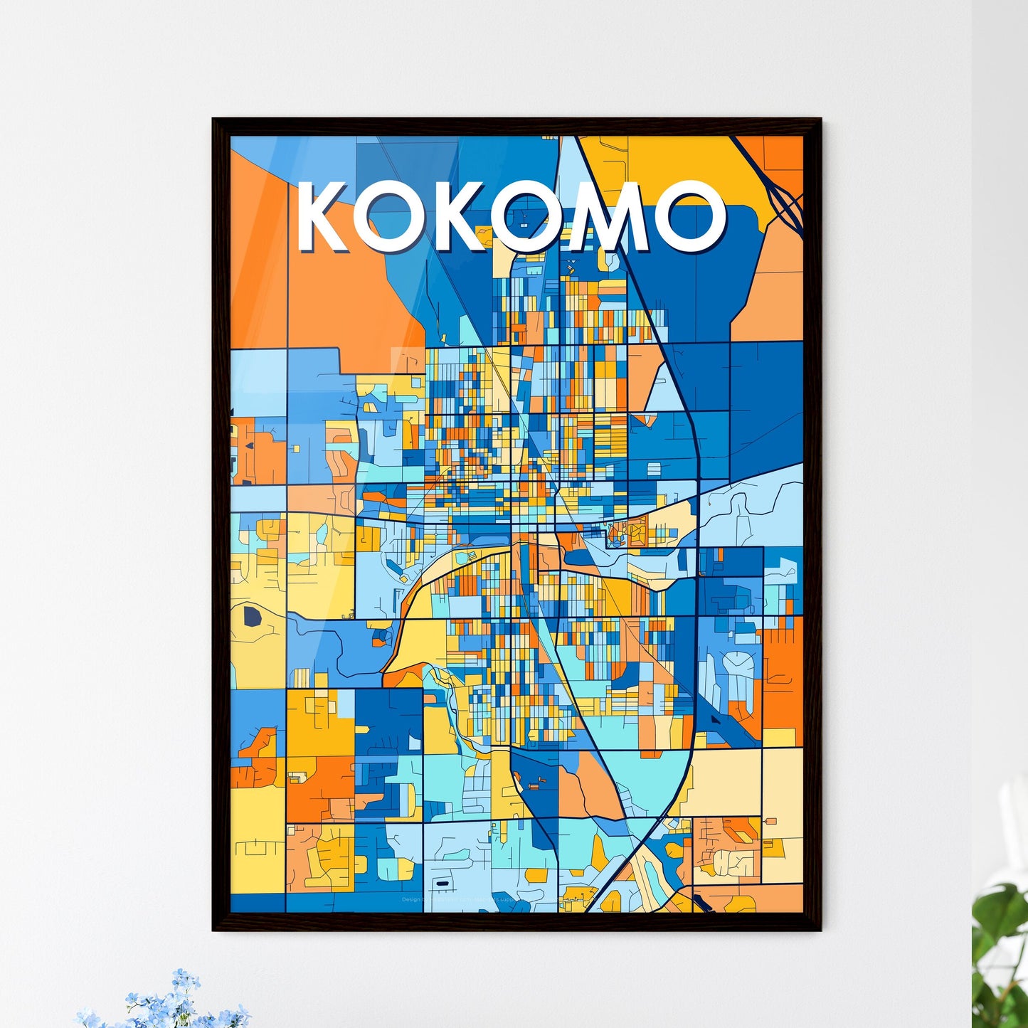 KOKOMO INDIANA Vibrant Colorful Art Map Poster Blue Orange