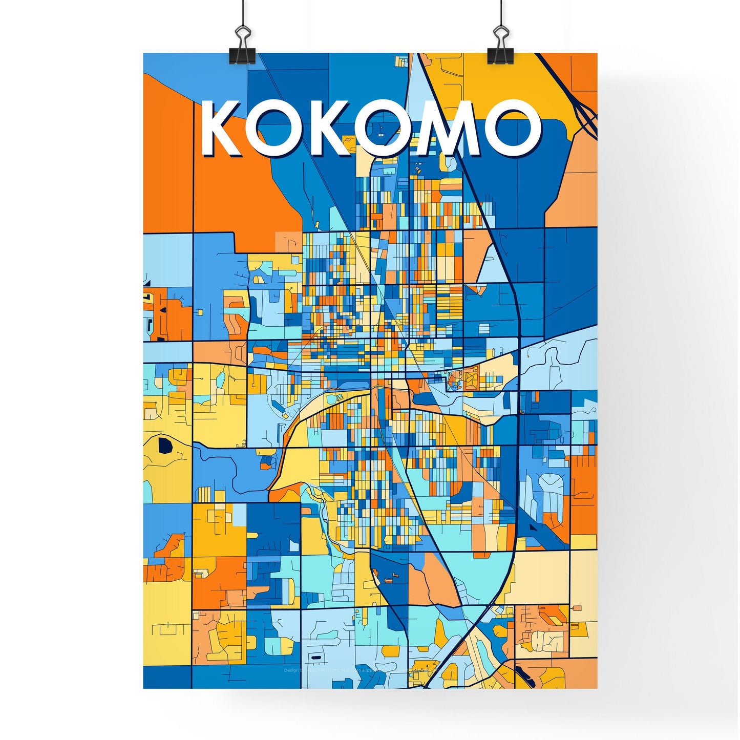 KOKOMO INDIANA Vibrant Colorful Art Map Poster Blue Orange