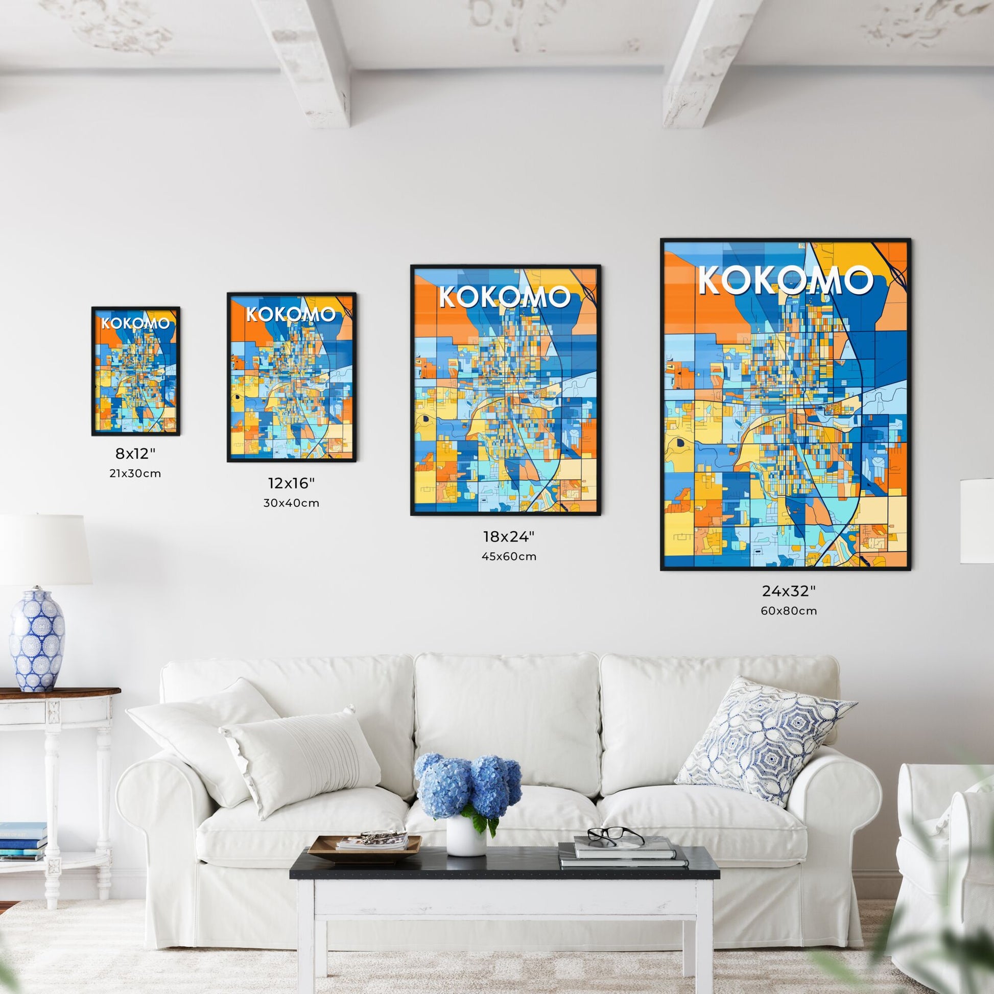 KOKOMO INDIANA Vibrant Colorful Art Map Poster Blue Orange