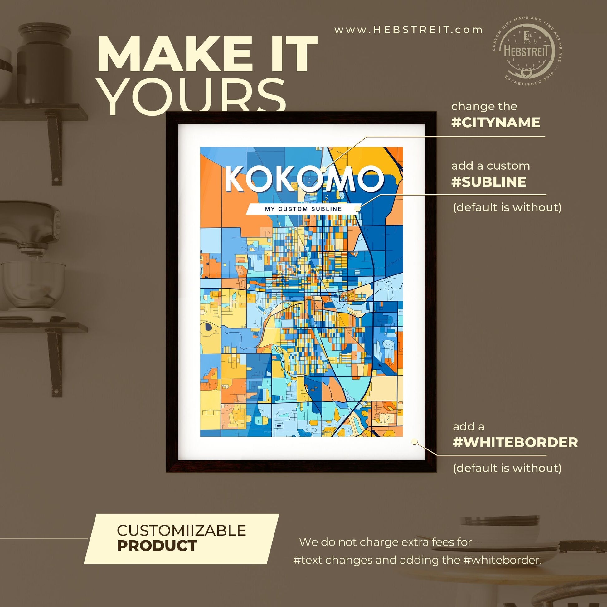 KOKOMO INDIANA Vibrant Colorful Art Map Poster Blue Orange