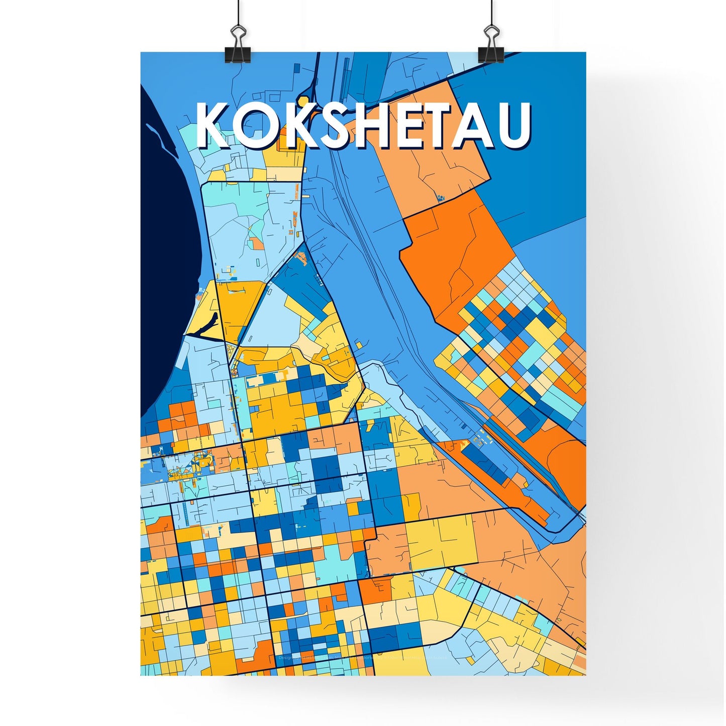 KOKSHETAU KAZAKHSTAN Vibrant Colorful Art Map Poster Blue Orange