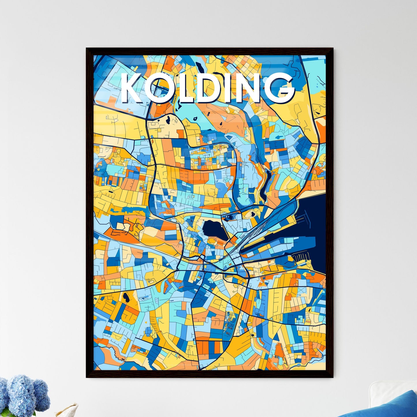 KOLDING DENMARK Vibrant Colorful Art Map Poster Blue Orange