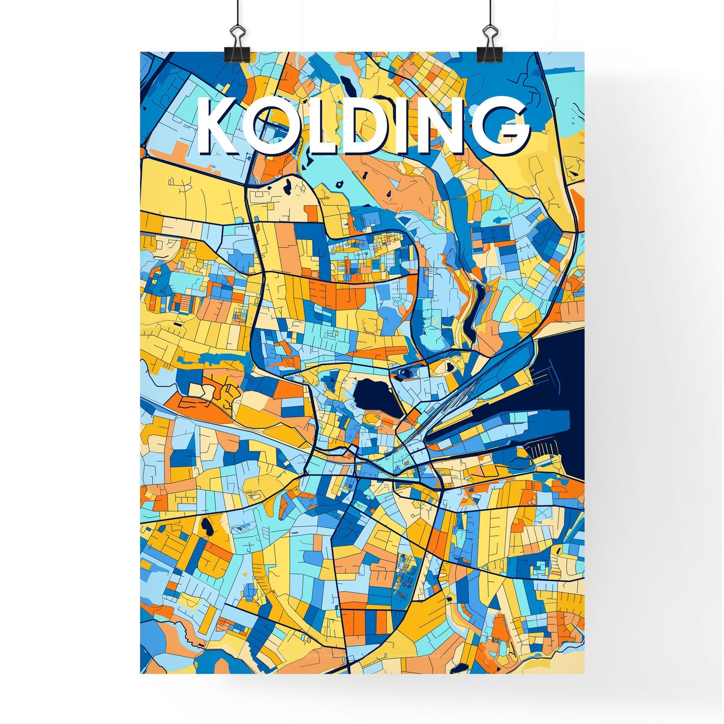 KOLDING DENMARK Vibrant Colorful Art Map Poster Blue Orange