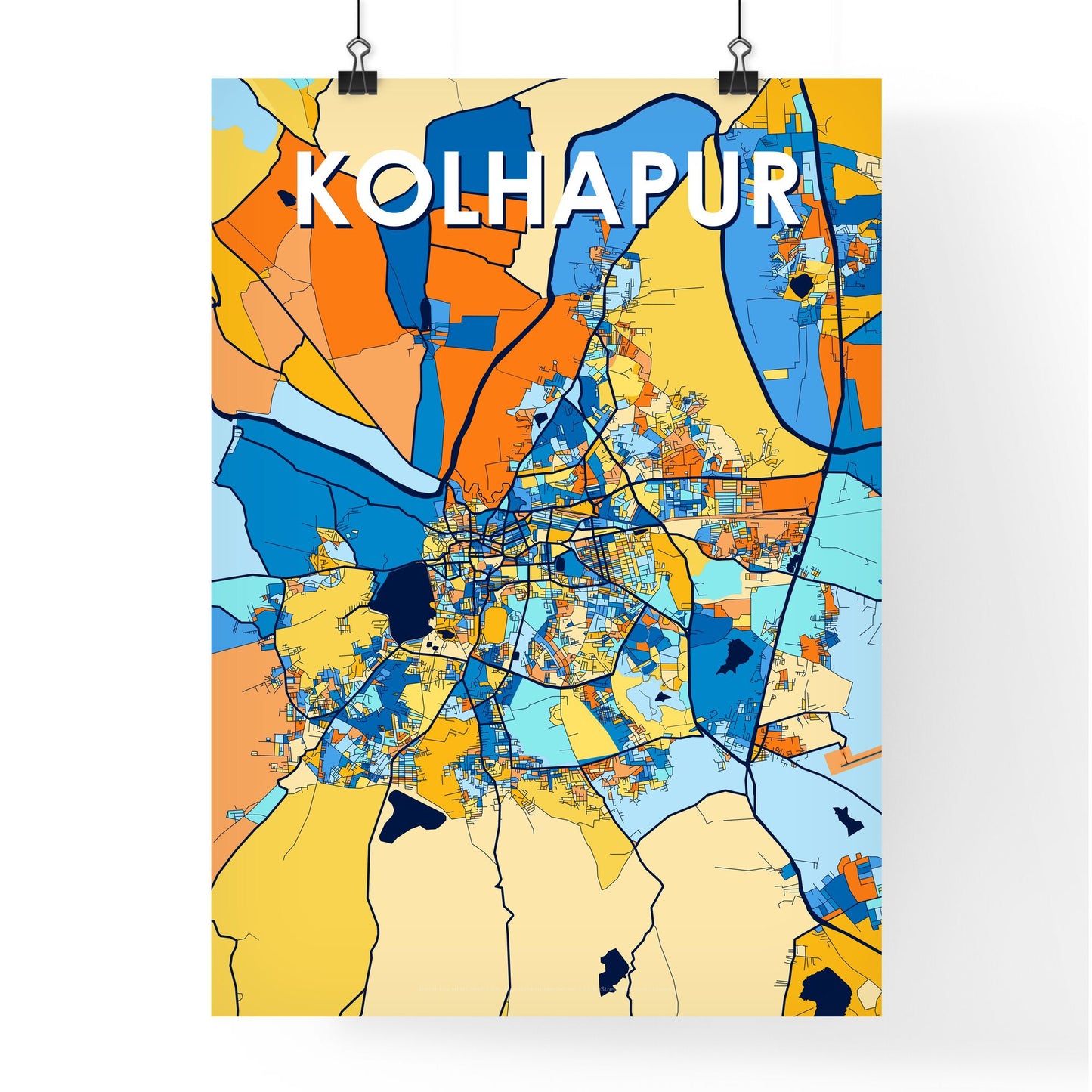 KOLHAPUR INDIA Vibrant Colorful Art Map Poster Blue Orange