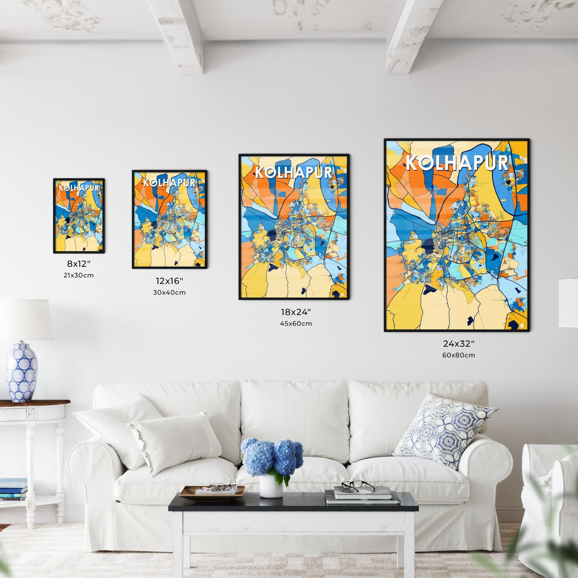 KOLHAPUR INDIA Vibrant Colorful Art Map Poster Blue Orange