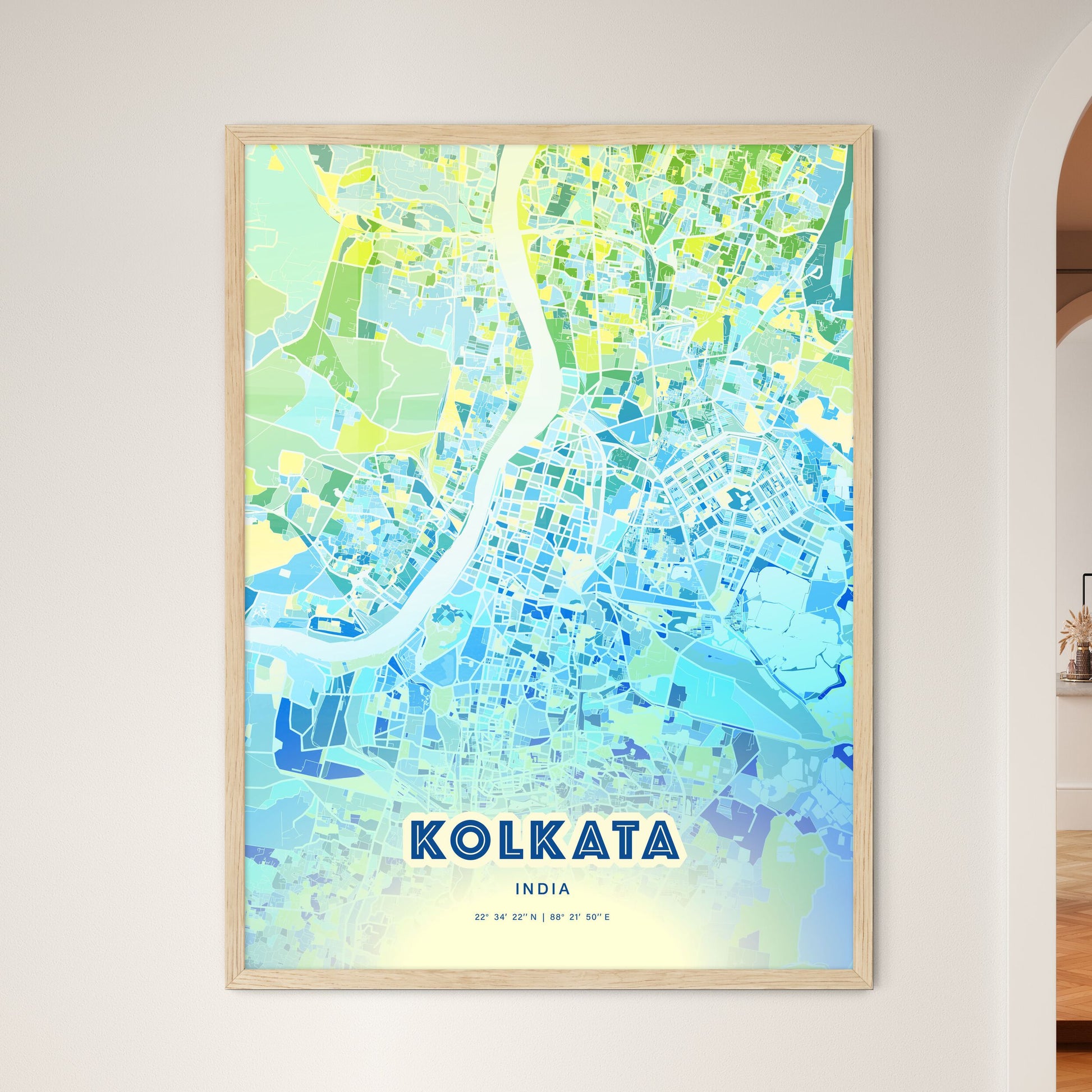 Colorful Kolkata India Fine Art Map Cool Blue