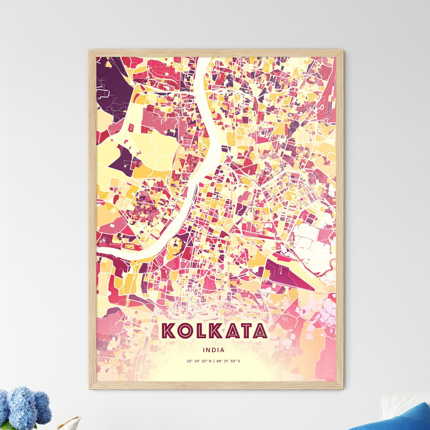 Colorful Kolkata India Fine Art Map Hot Red