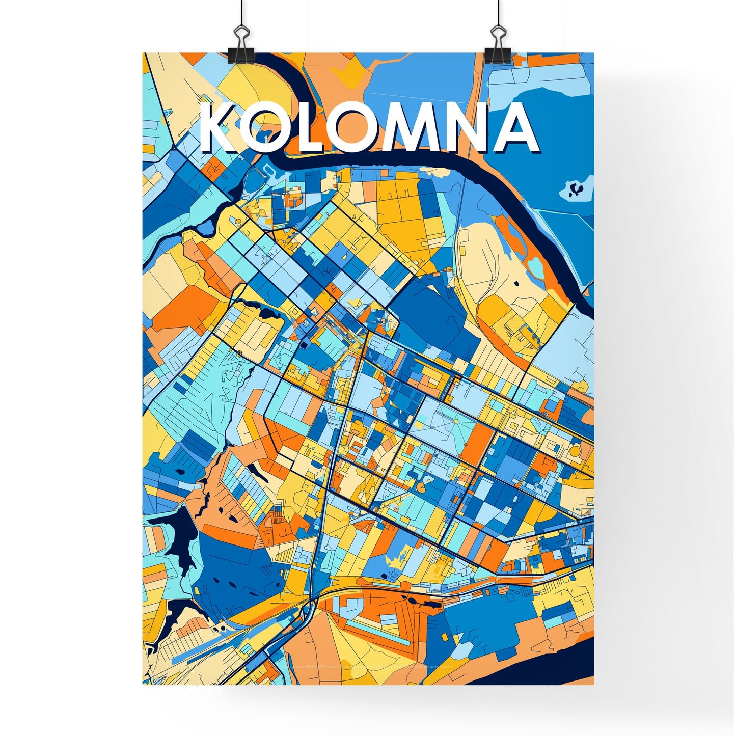 KOLOMNA RUSSIA Vibrant Colorful Art Map Poster Blue Orange