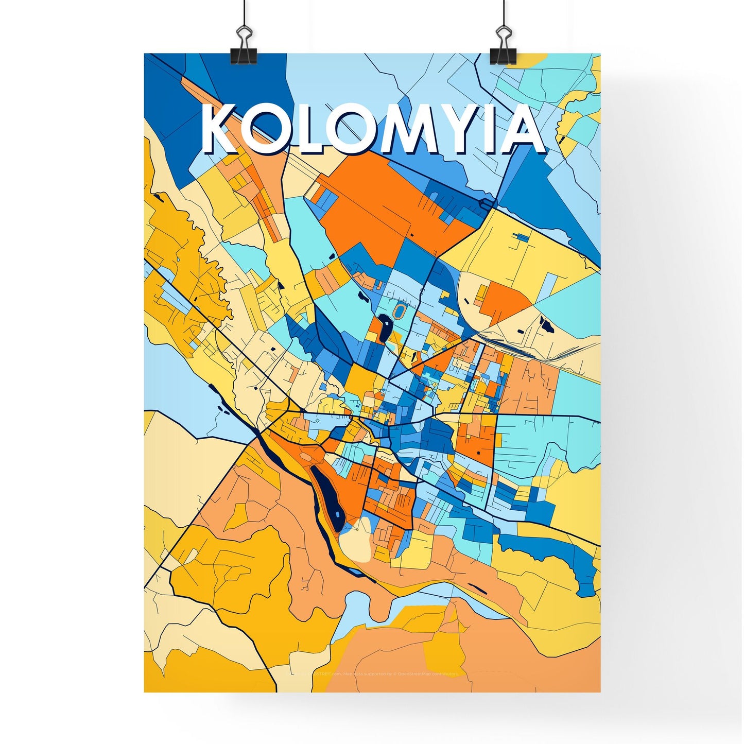 KOLOMYIA UKRAINE Vibrant Colorful Art Map Poster Blue Orange