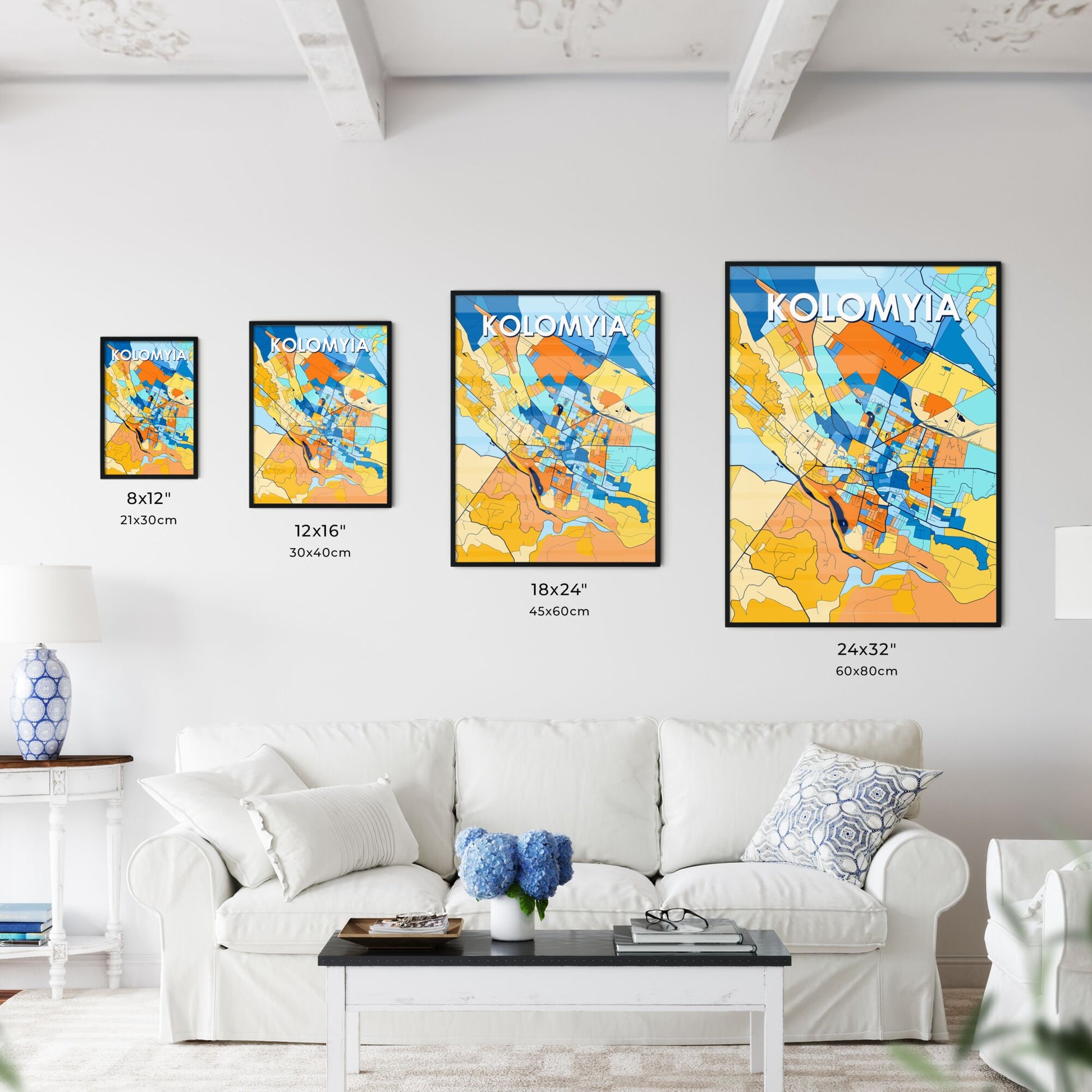 KOLOMYIA UKRAINE Vibrant Colorful Art Map Poster Blue Orange