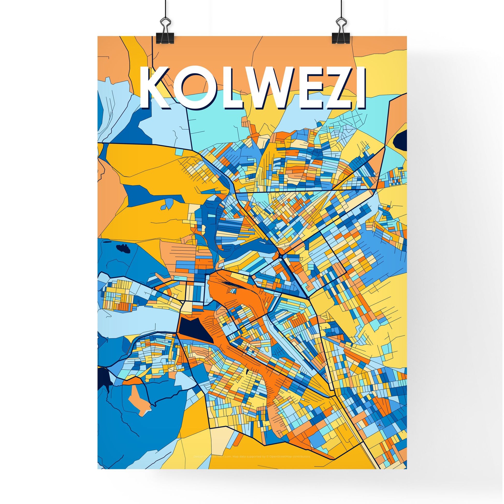 KOLWEZI DR CONGO Vibrant Colorful Art Map Poster Blue Orange