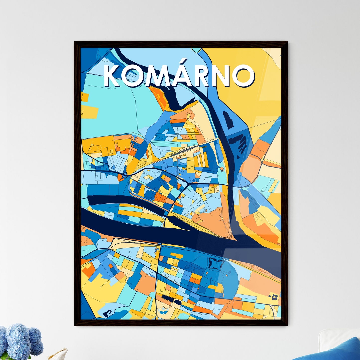 KOMÁRNO SLOVAKIA Vibrant Colorful Art Map Poster Blue Orange