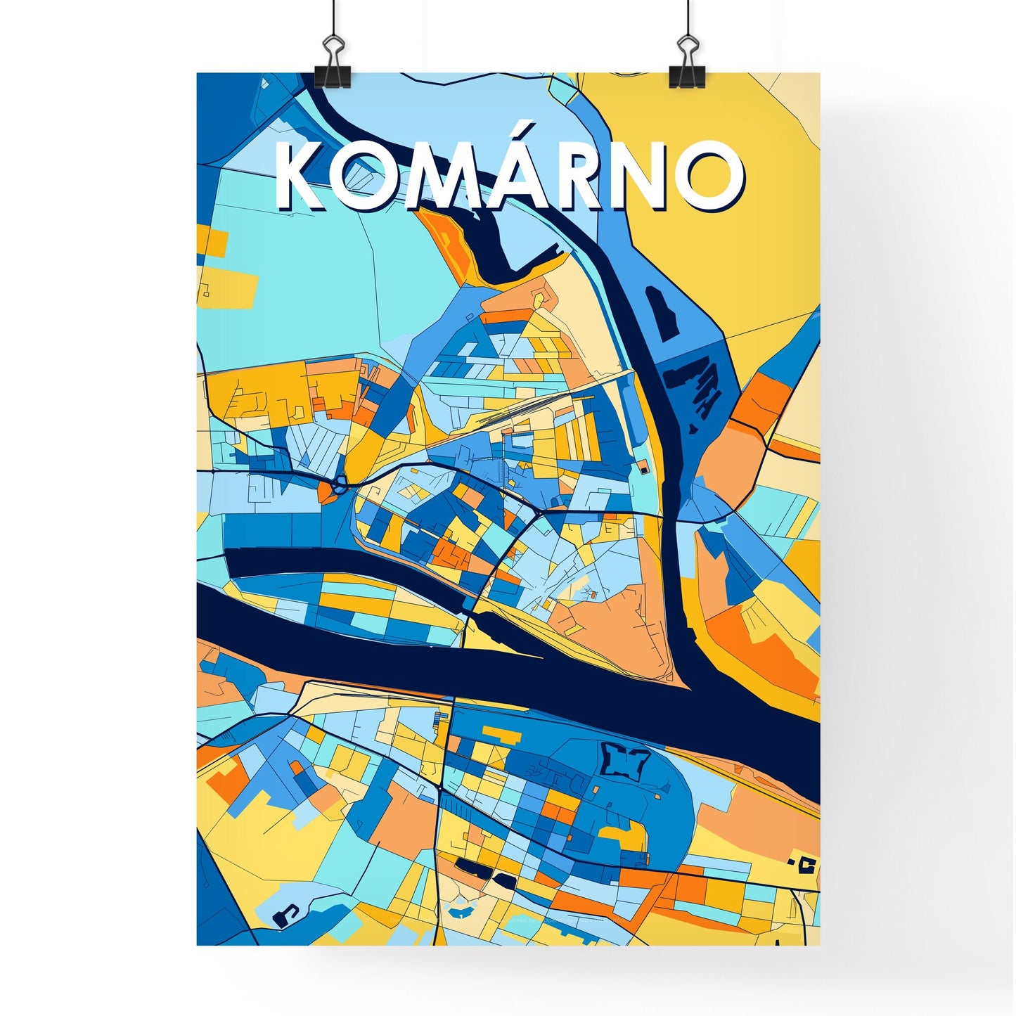 KOMÁRNO SLOVAKIA Vibrant Colorful Art Map Poster Blue Orange