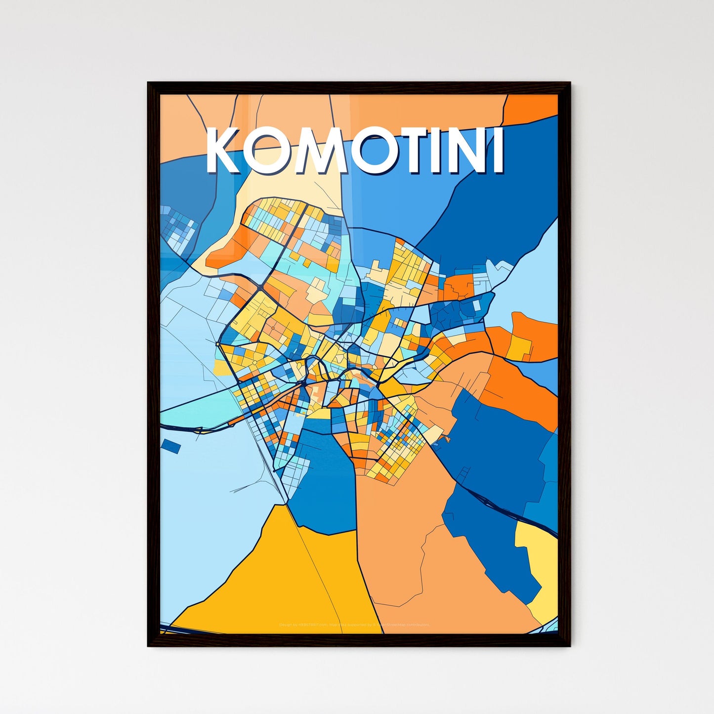 KOMOTINI GREECE Vibrant Colorful Art Map Poster Blue Orange