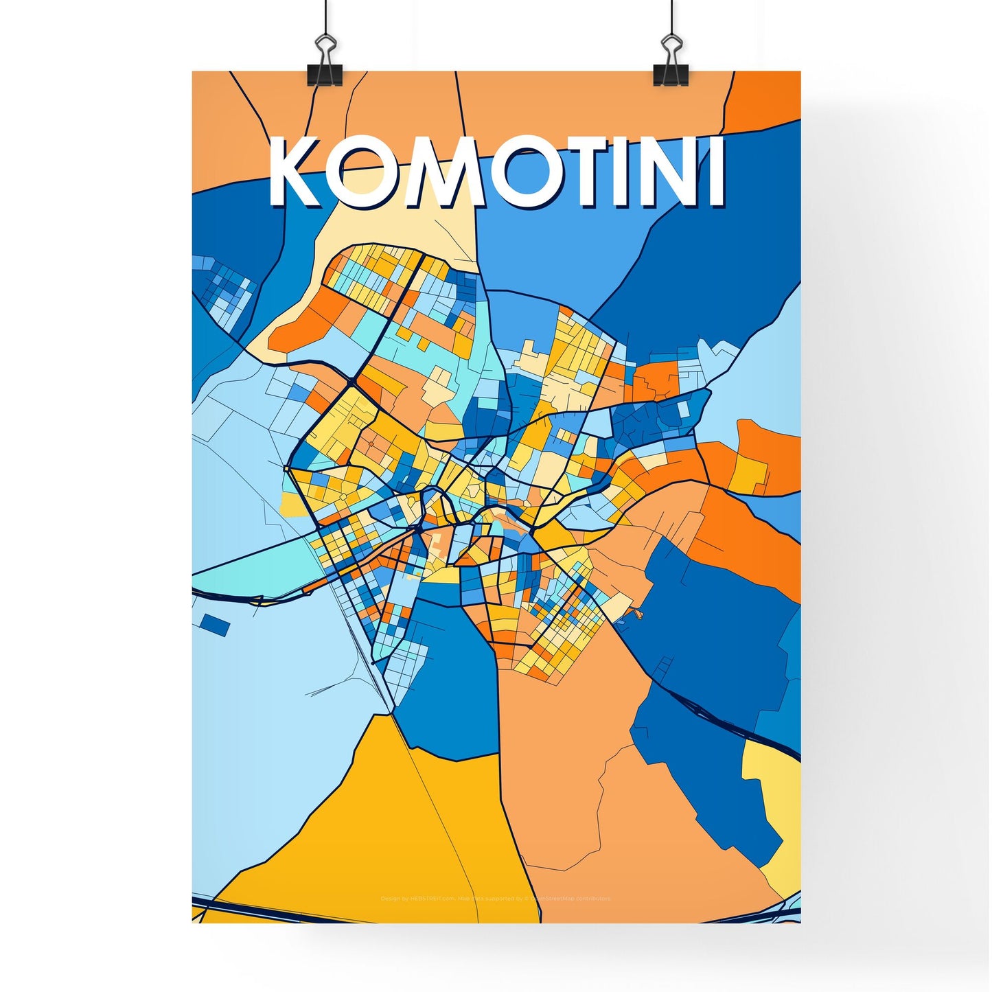 KOMOTINI GREECE Vibrant Colorful Art Map Poster Blue Orange