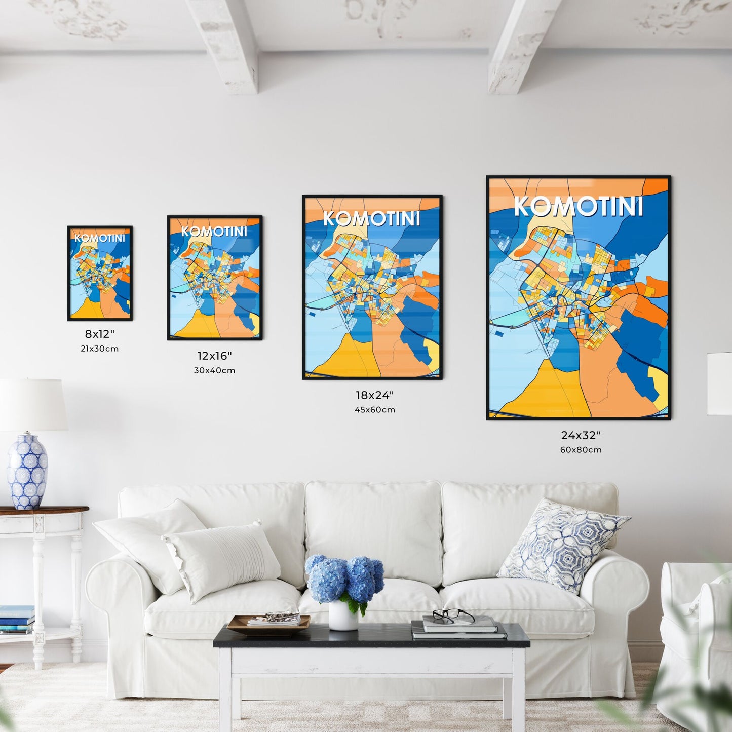 KOMOTINI GREECE Vibrant Colorful Art Map Poster Blue Orange