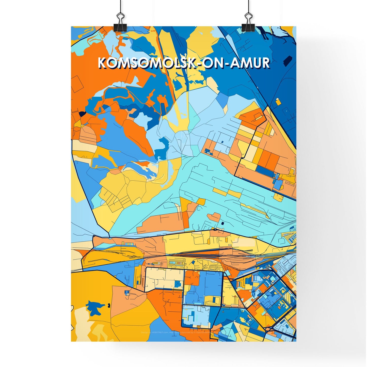 KOMSOMOLSK-ON-AMUR RUSSIA Vibrant Colorful Art Map Poster Blue Orange