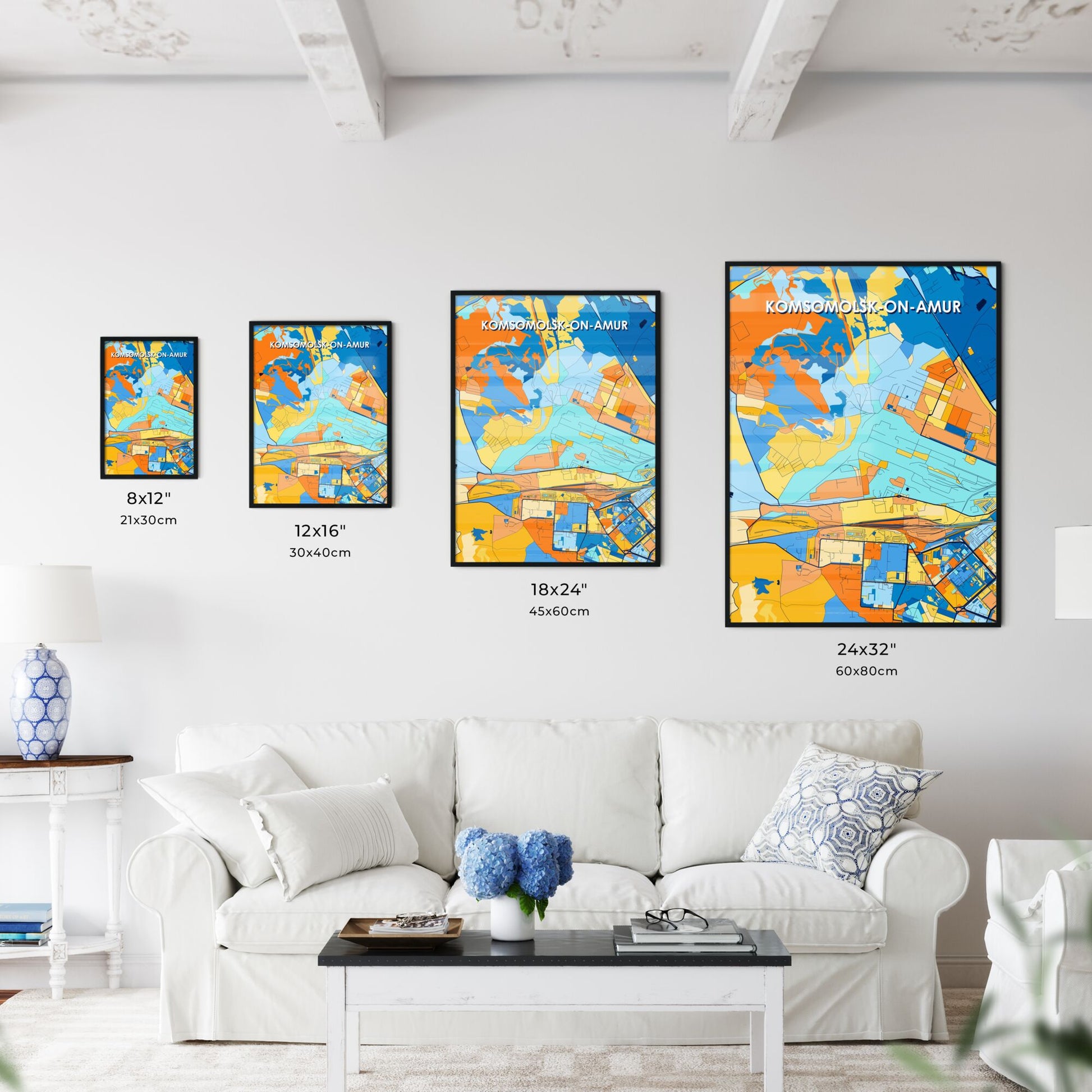 KOMSOMOLSK-ON-AMUR RUSSIA Vibrant Colorful Art Map Poster Blue Orange