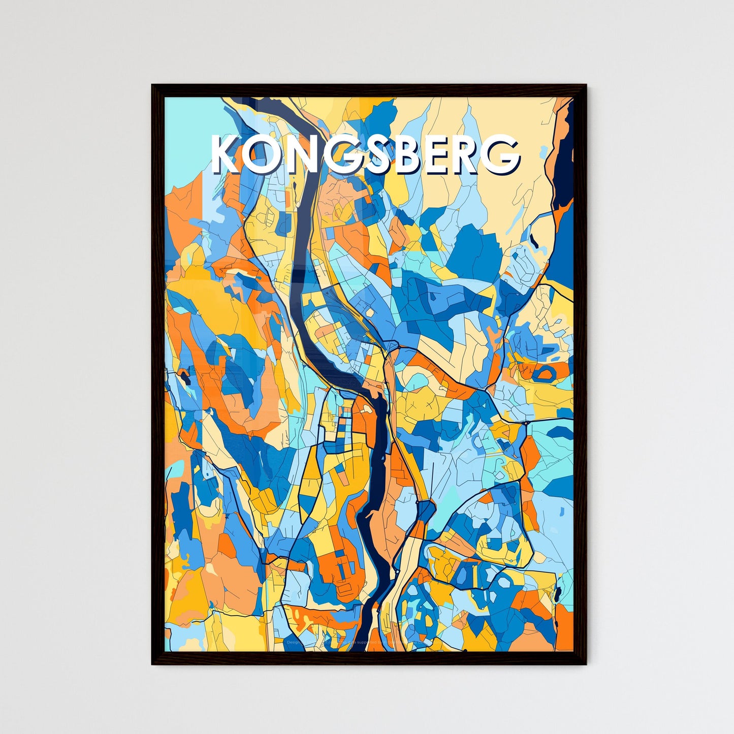 KONGSBERG NORWAY Vibrant Colorful Art Map Poster Blue Orange