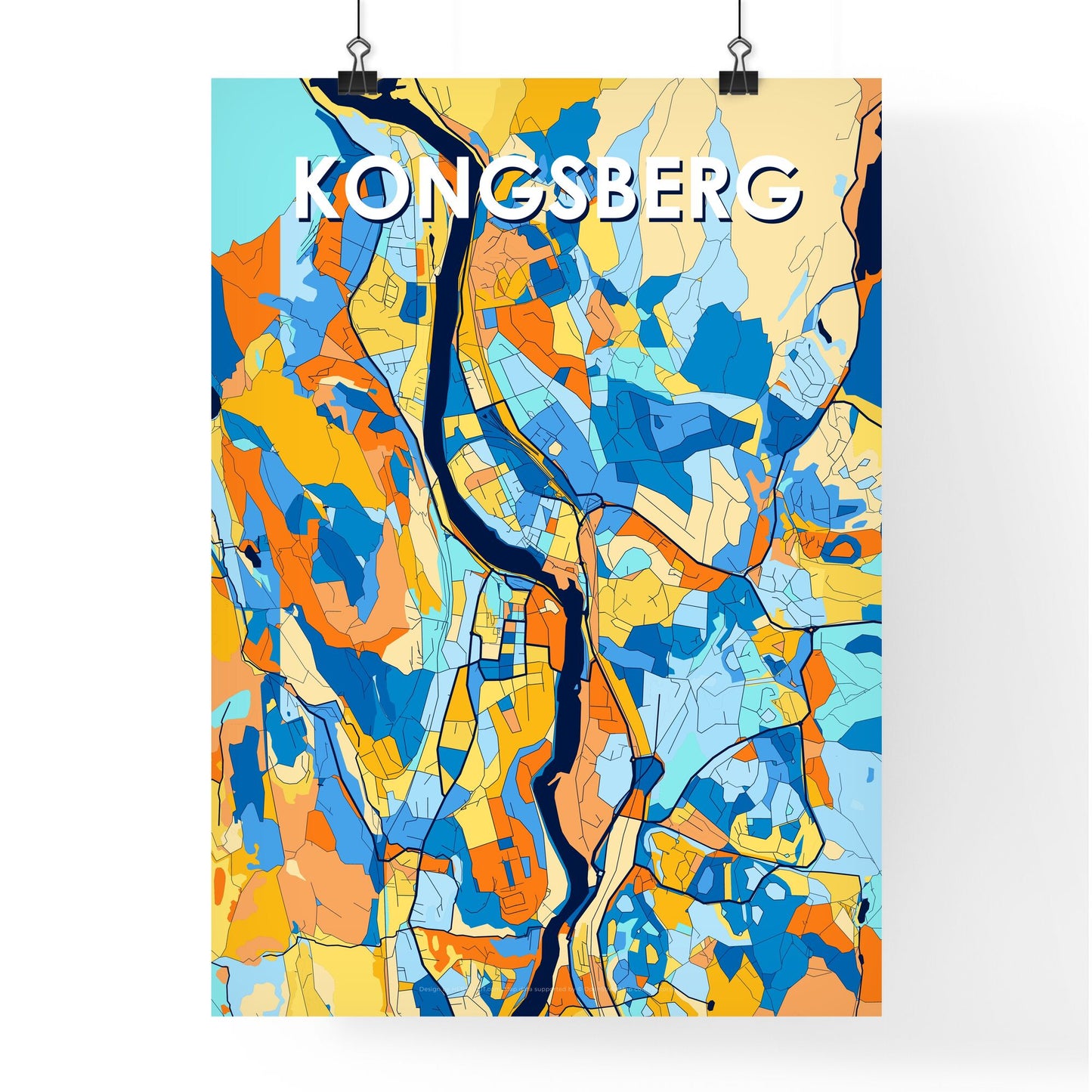 KONGSBERG NORWAY Vibrant Colorful Art Map Poster Blue Orange