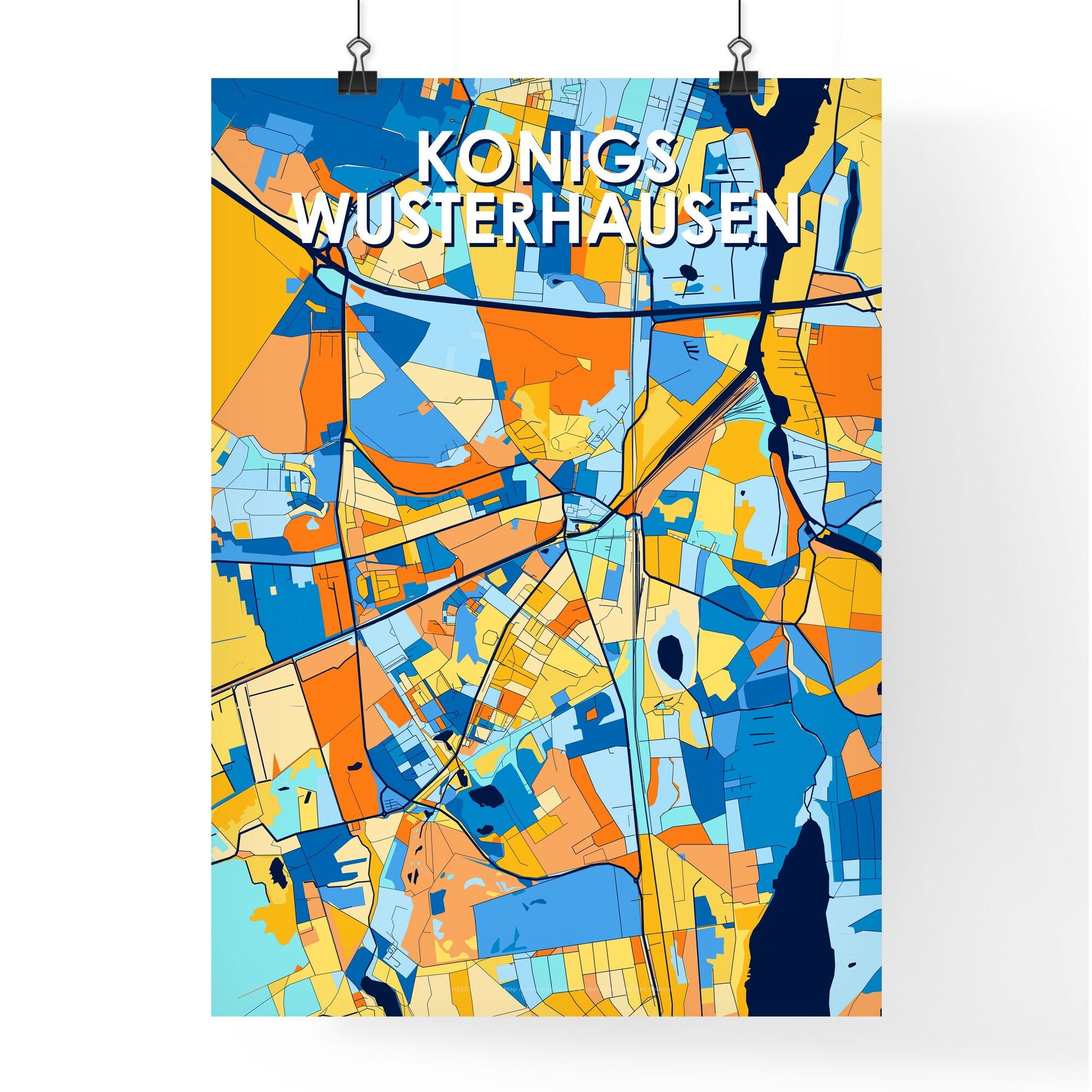 KONIGS WUSTERHAUSEN GERMANY Vibrant Colorful Art Map Poster Blue Orange