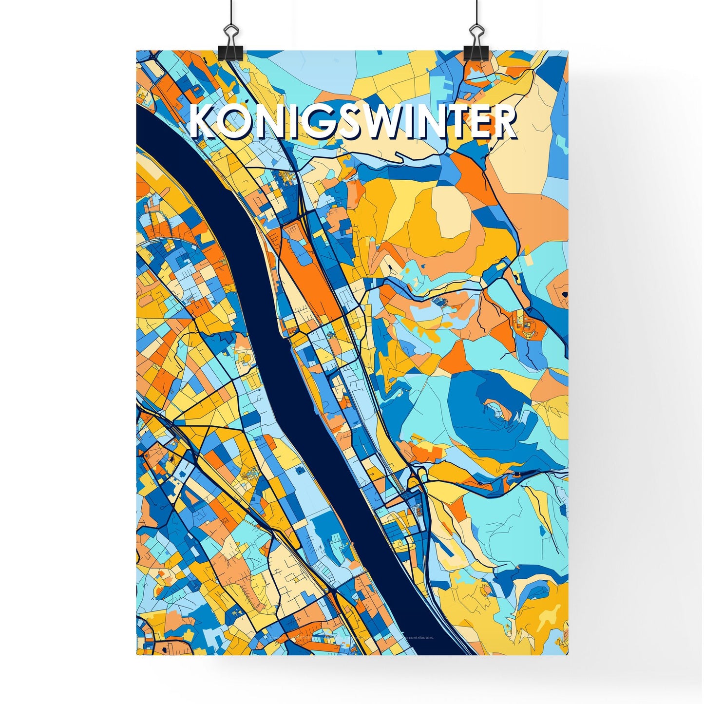 KONIGSWINTER GERMANY Vibrant Colorful Art Map Poster Blue Orange