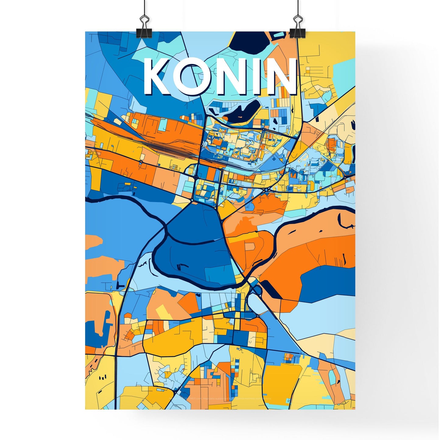 KONIN POLAND Vibrant Colorful Art Map Poster Blue Orange