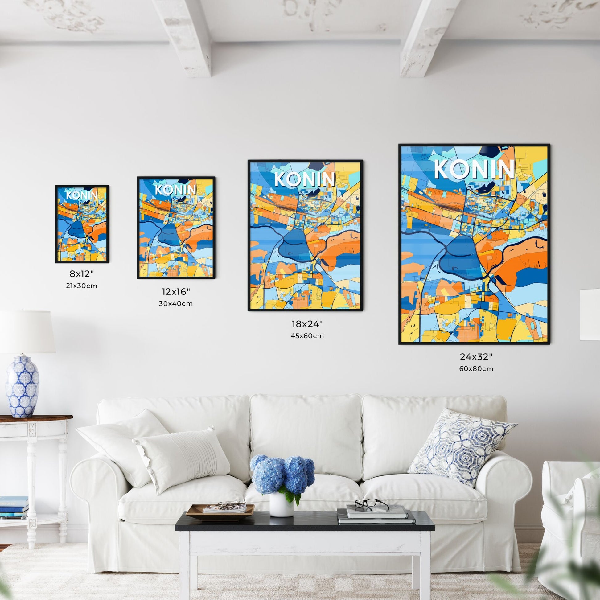 KONIN POLAND Vibrant Colorful Art Map Poster Blue Orange