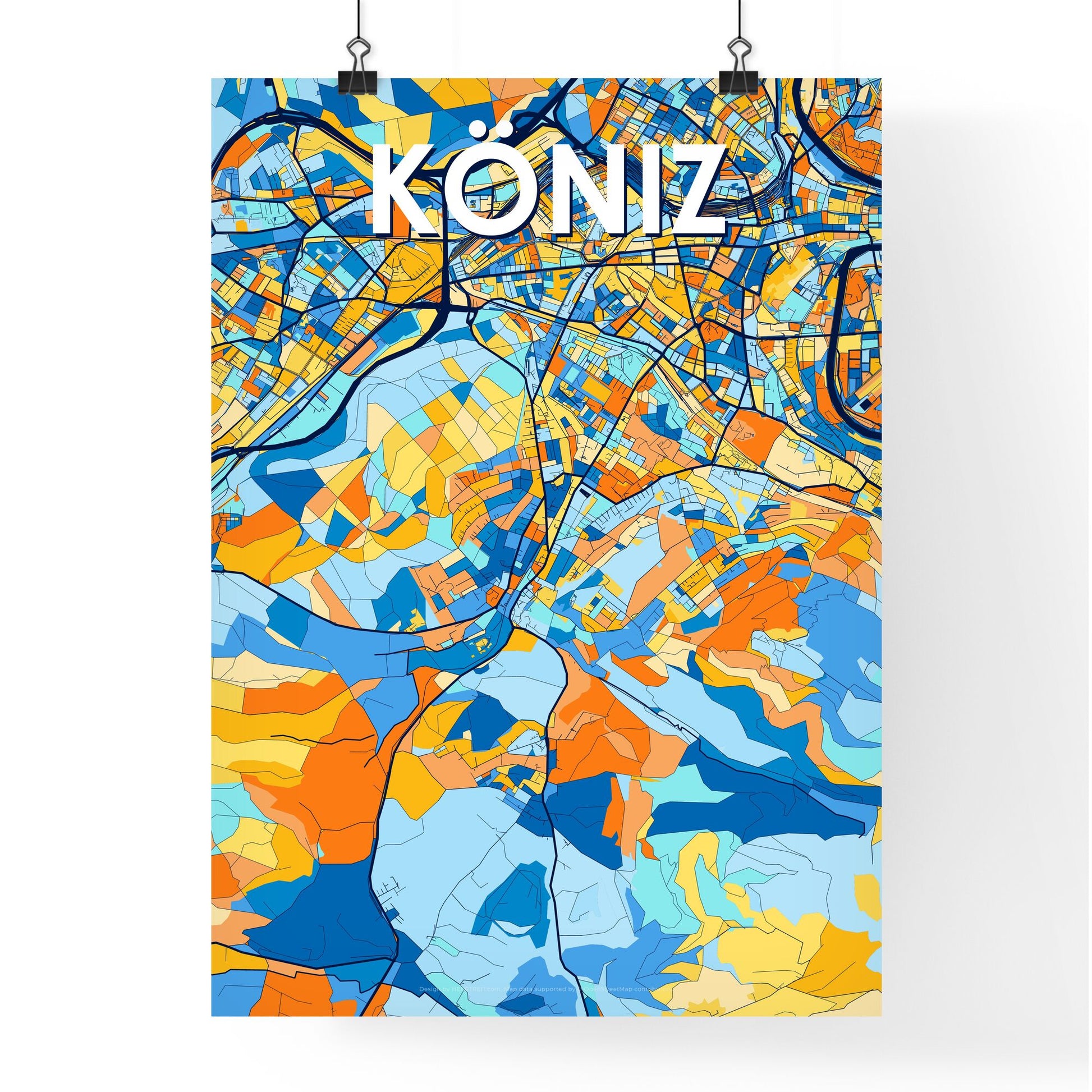 KÖNIZ SWITZERLAND Vibrant Colorful Art Map Poster Blue Orange