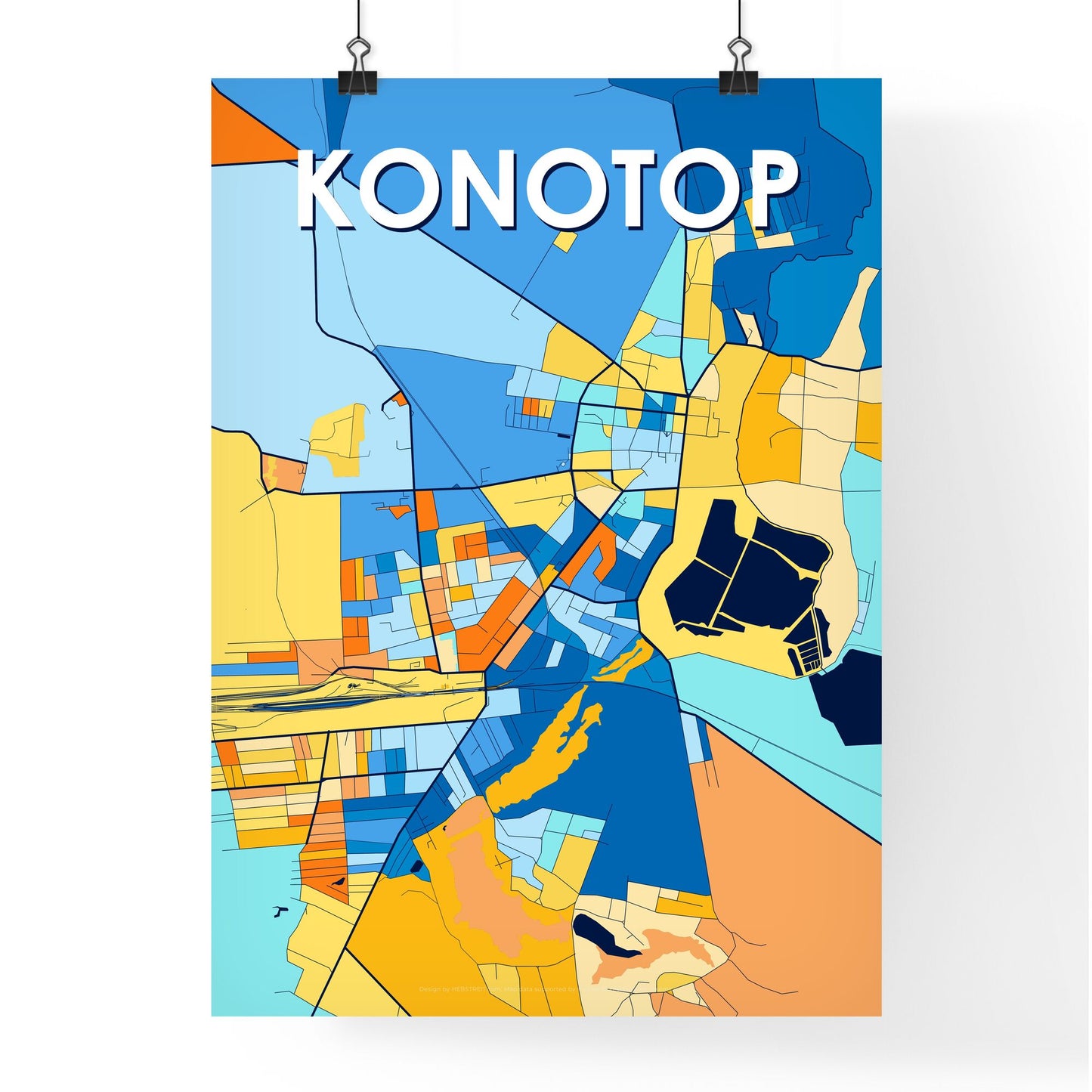 KONOTOP UKRAINE Vibrant Colorful Art Map Poster Blue Orange