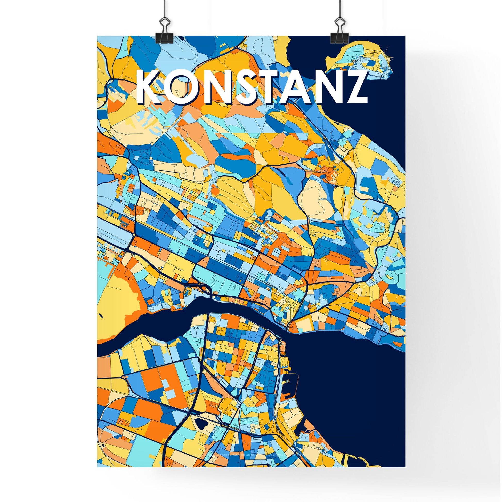 KONSTANZ GERMANY Vibrant Colorful Art Map Poster Blue Orange