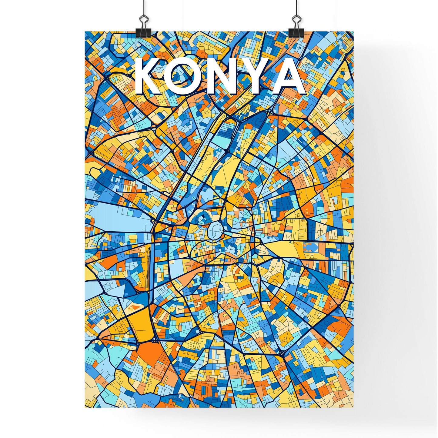 KONYA TURKEY Vibrant Colorful Art Map Poster Blue Orange