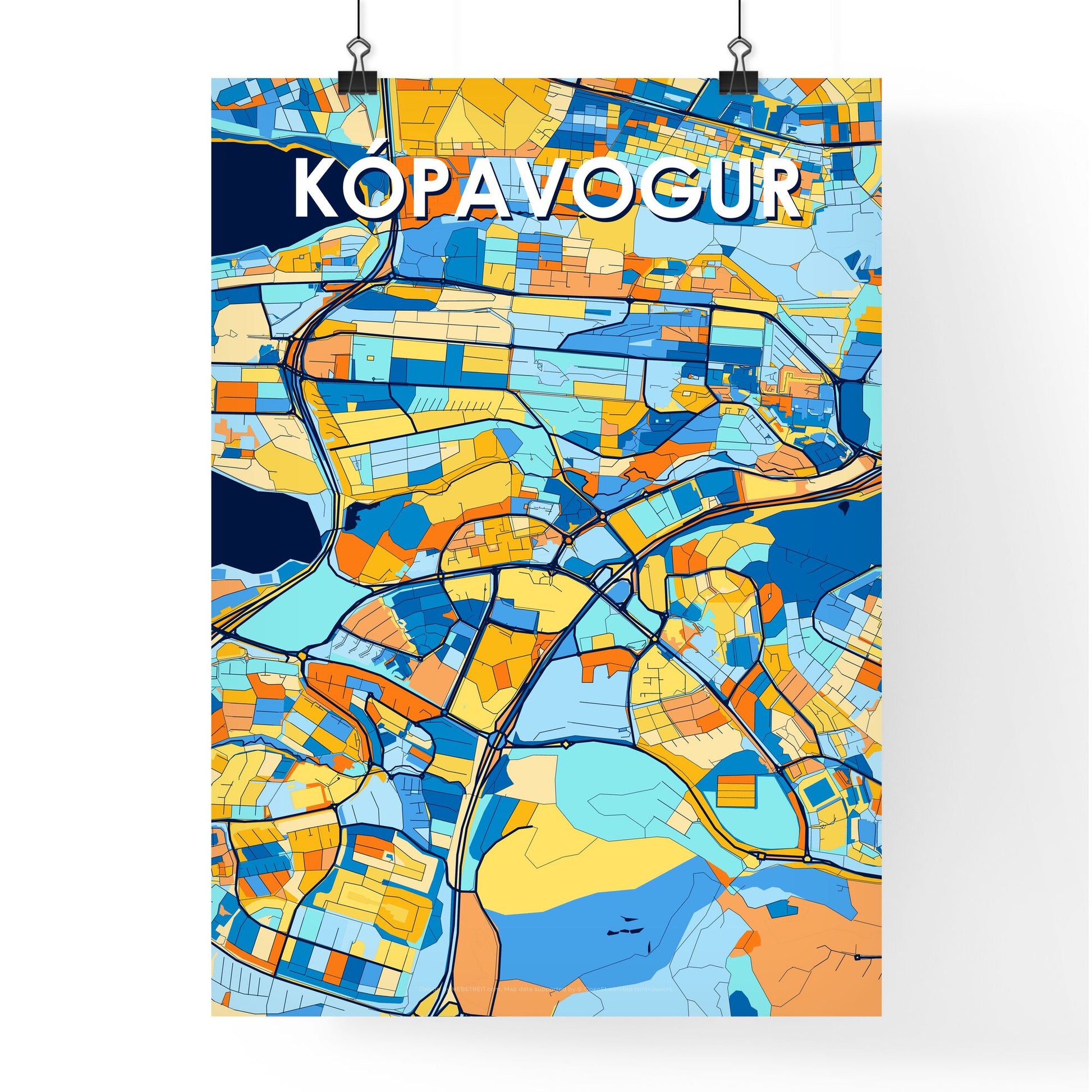 KÓPAVOGUR ICELAND Vibrant Colorful Art Map Poster Blue Orange