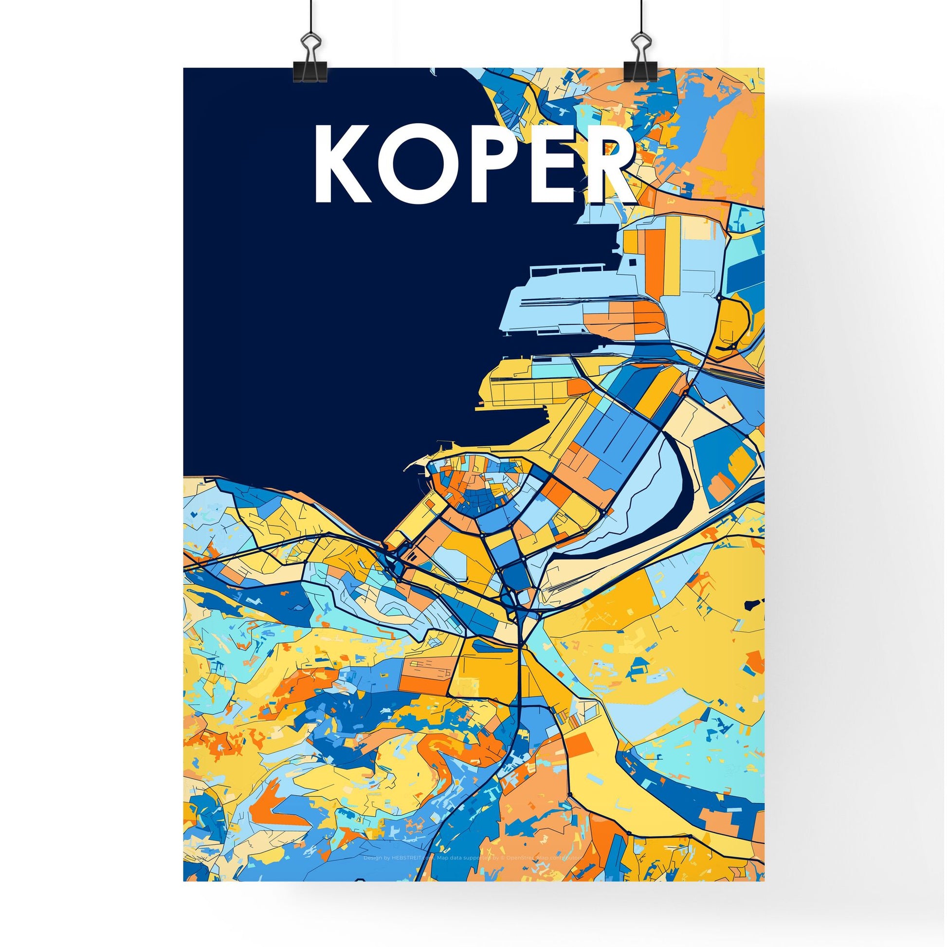 KOPER SLOVENIA Vibrant Colorful Art Map Poster Blue Orange