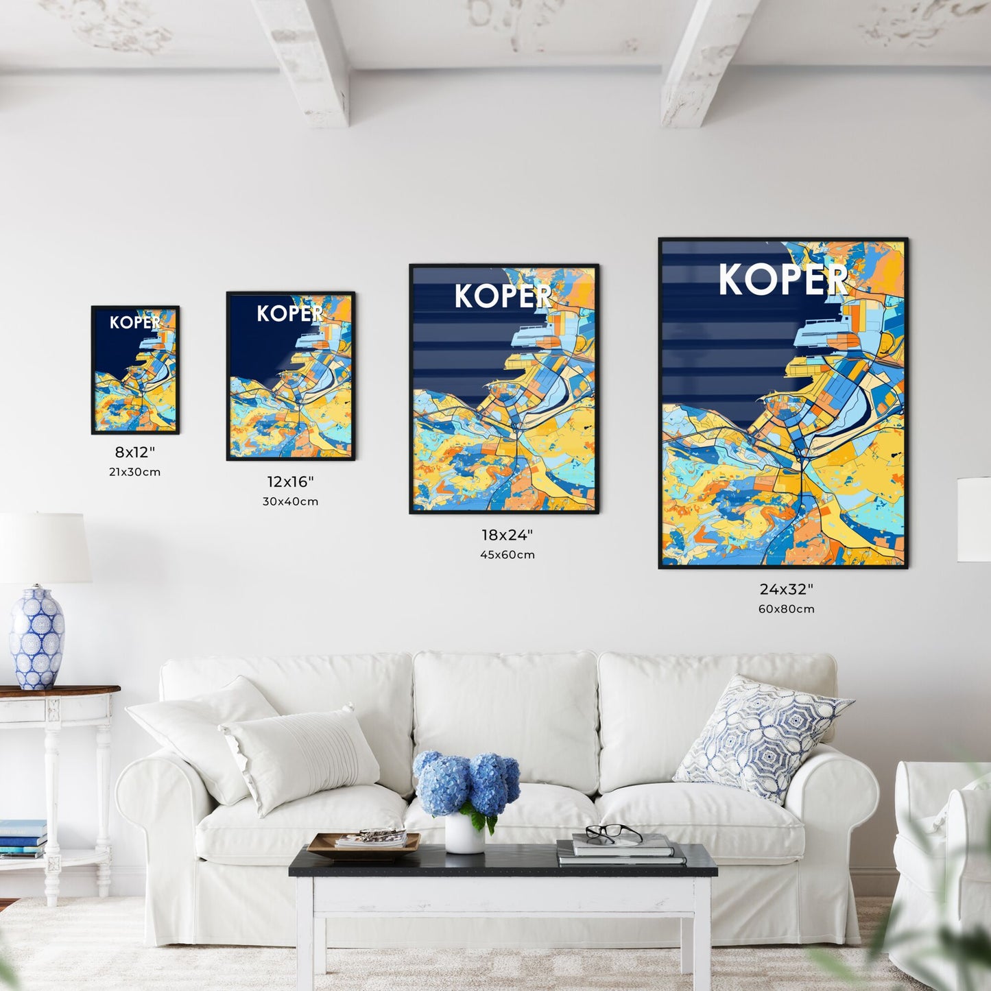 KOPER SLOVENIA Vibrant Colorful Art Map Poster Blue Orange