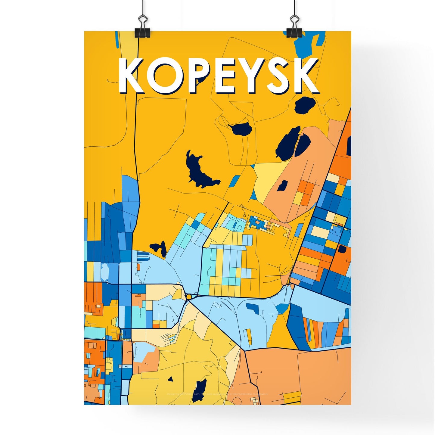 KOPEYSK RUSSIA Vibrant Colorful Art Map Poster Blue Orange