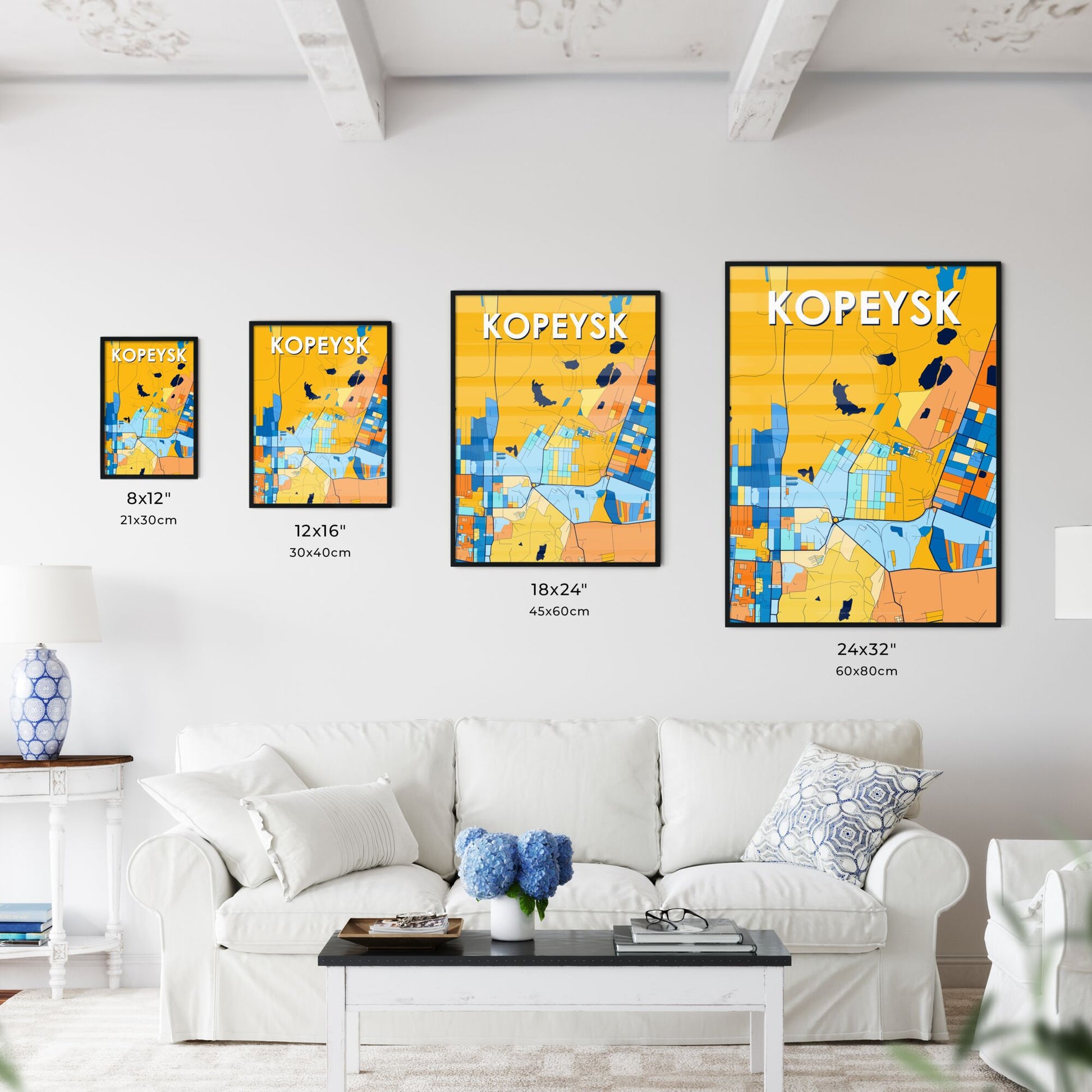 KOPEYSK RUSSIA Vibrant Colorful Art Map Poster Blue Orange