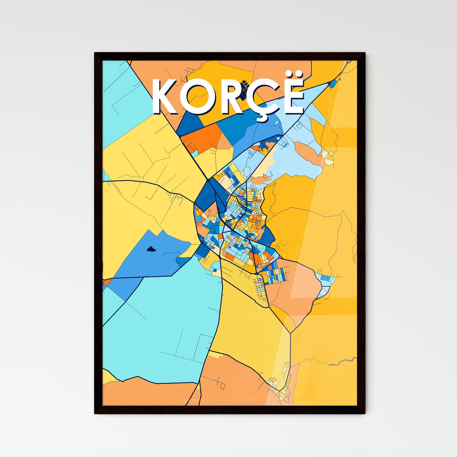 KORÇË ALBANIA Vibrant Colorful Art Map Poster Blue Orange