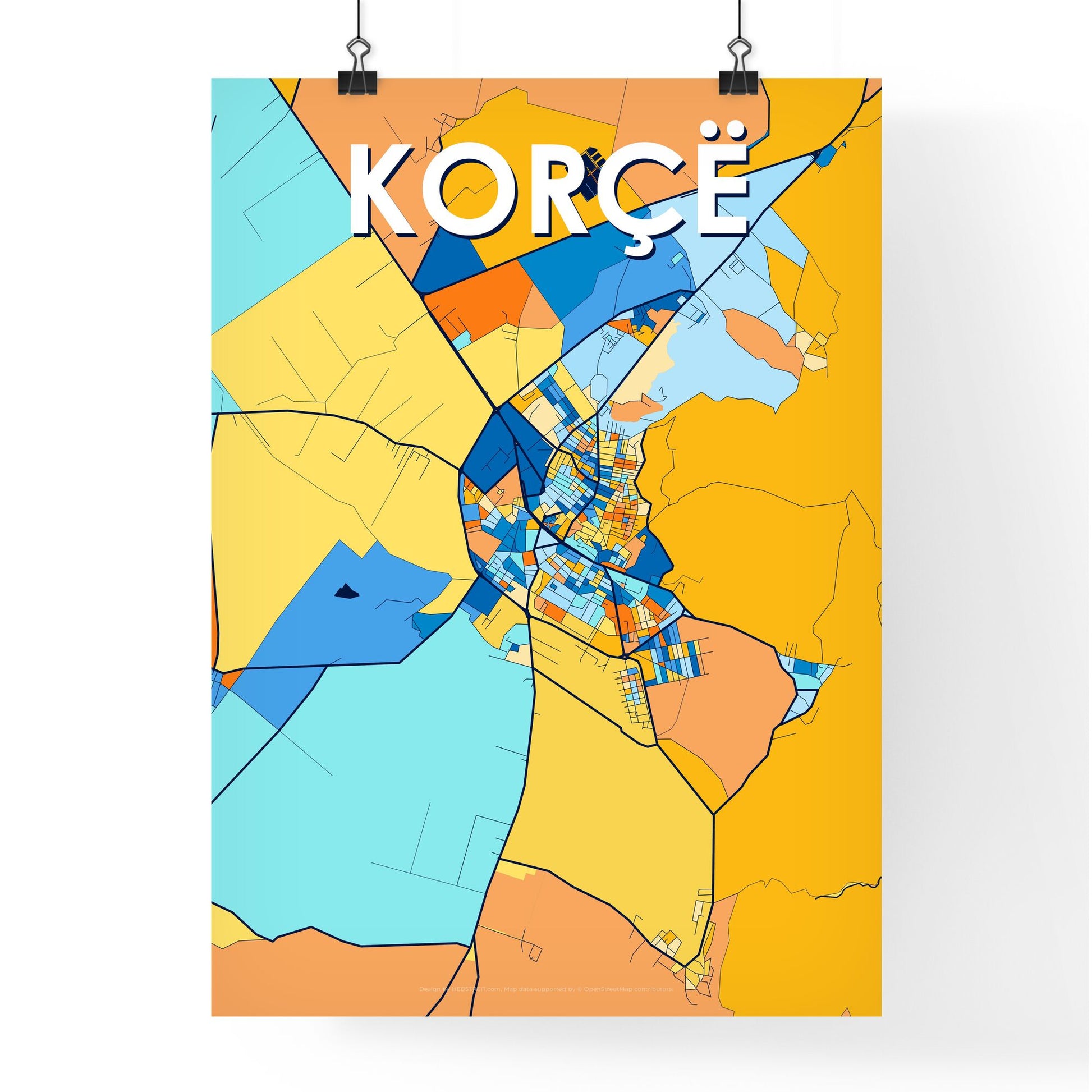 KORÇË ALBANIA Vibrant Colorful Art Map Poster Blue Orange