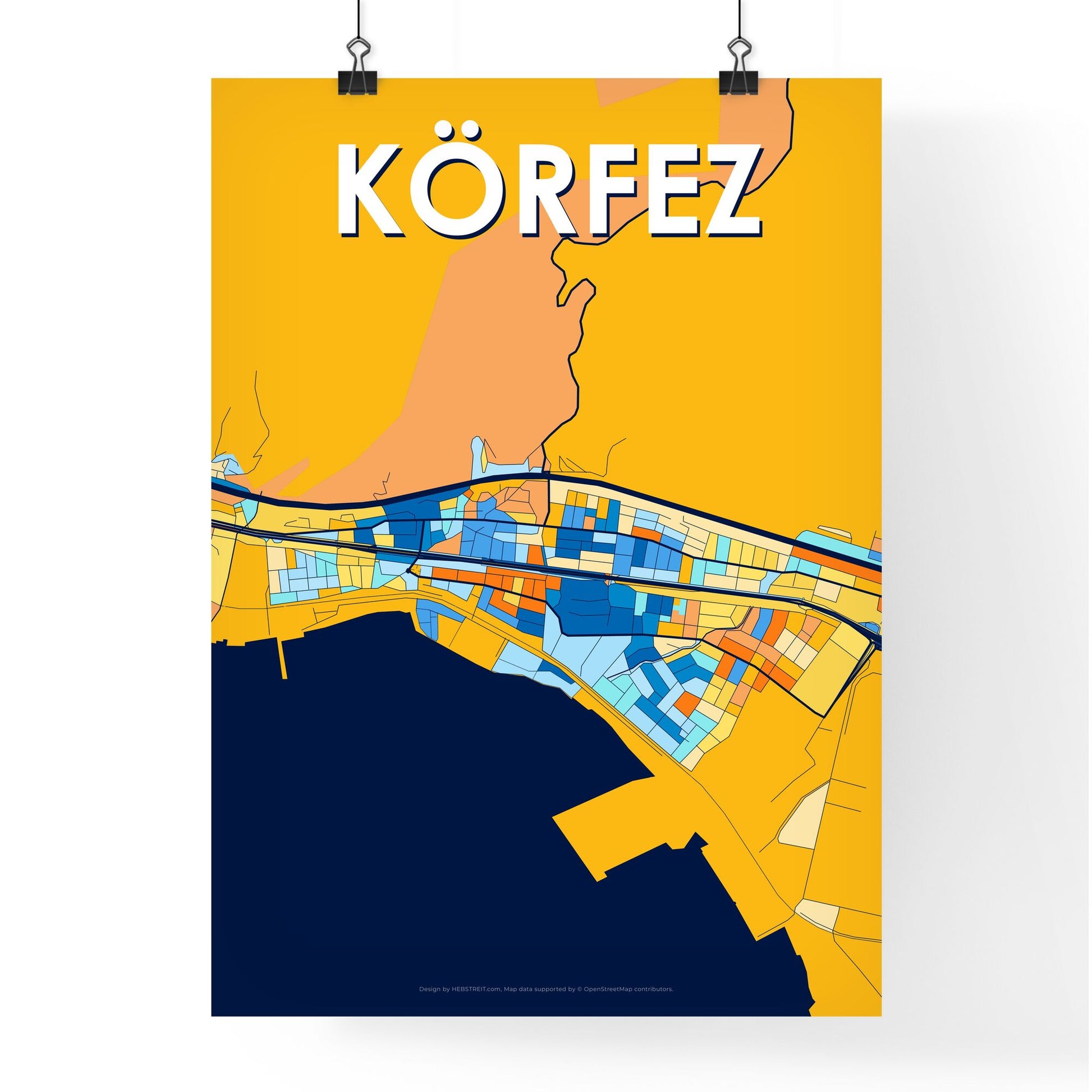 KÖRFEZ TURKEY Vibrant Colorful Art Map Poster Blue Orange